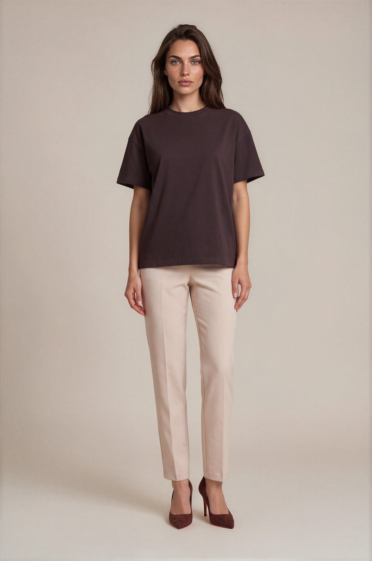 Bisiklet Yaka Kısa Kol Oversize Basic KAHVERENGİ