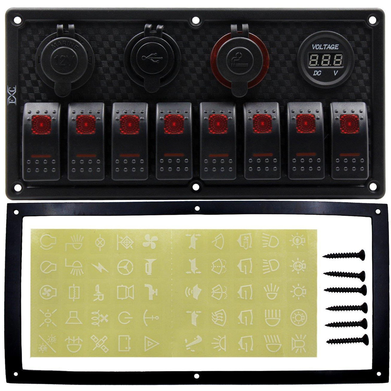 Bfy Switch Panel 8'li +Usb+Plastik Çakmaklık+ Çakmak+ Voltmetre Kırmızı