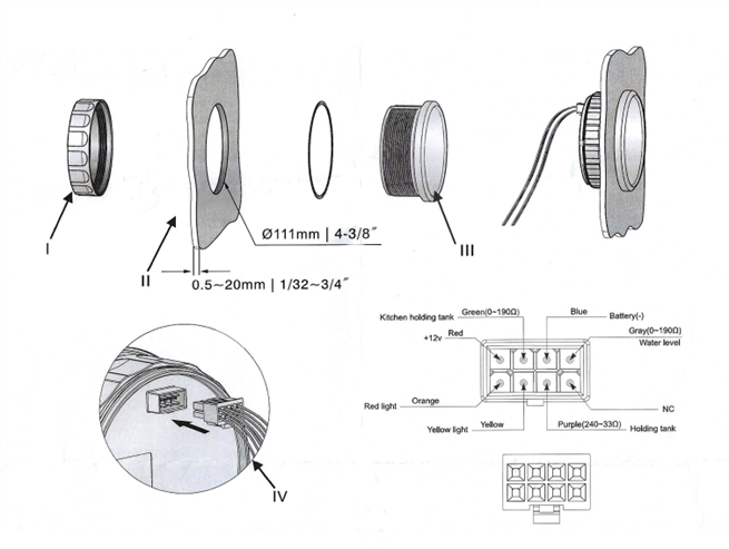 Kus 4'lü Temiz Su + Pis Su + Gri Su + 12V Voltmetre Göstergesi Siyah 111mm