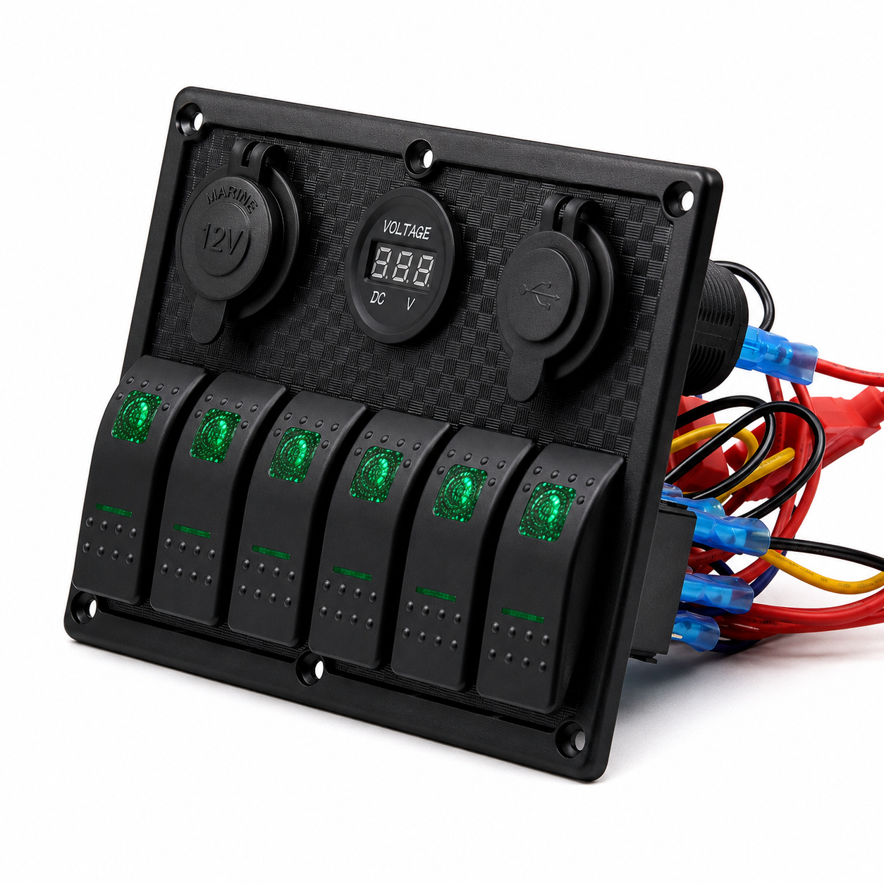 Labarka 6'lı Switch Panel USB + Çakmaklık + Voltmetre Yeşil LED'li