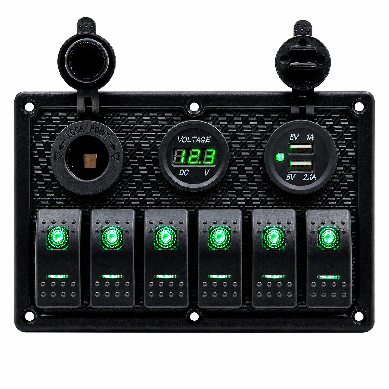 Labarka 6'lı Switch Panel USB + Çakmaklık + Voltmetre Yeşil LED'li