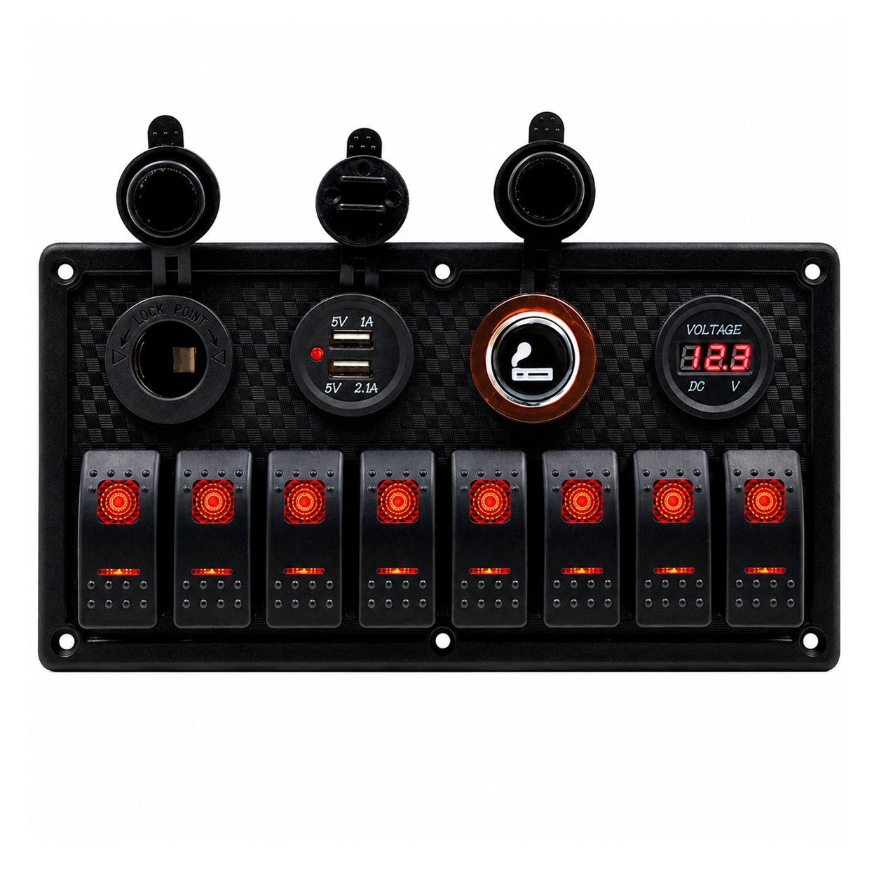 Labarka 8'li Switch Panel USB + Çakmaklık + Voltmetre + Çakmak Kırmızı LED'li