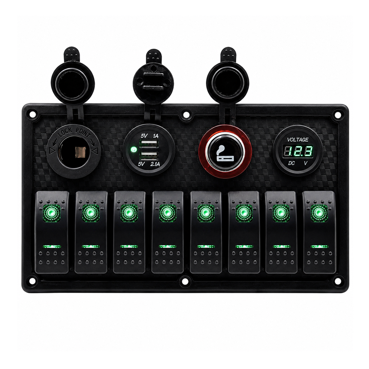 Labarka 8'li Switch Panel USB + Çakmaklık + Voltmetre + Çakmak Yeşil LED'li