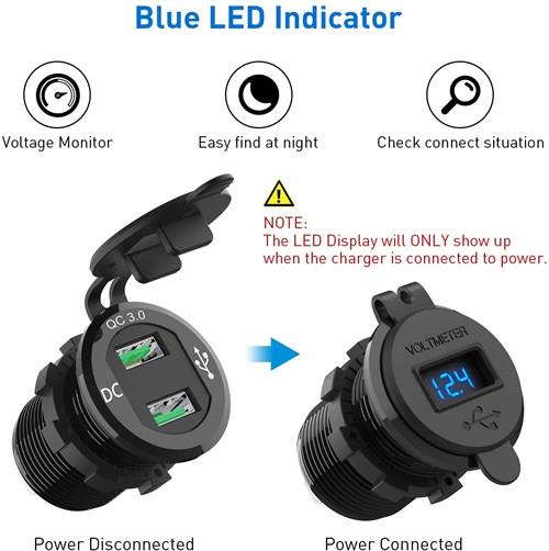 USB Hızlı Şarj Soketi Q3.0 + Voltmetre