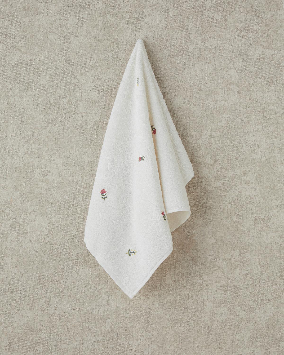 Allover Flower Pamuklu Nakışlı Yüz Havlusu 50x80 cm Ekru