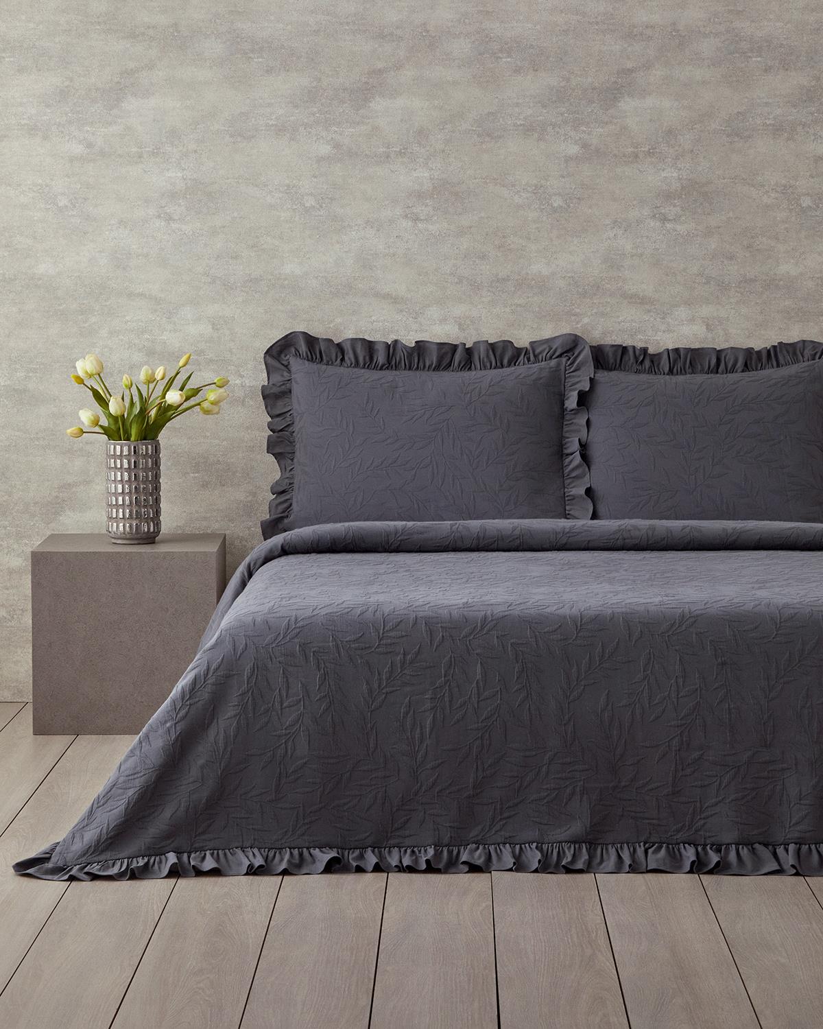 Alvin Pamuklu Fırfırlı Çift Kişilik Yatak Örtüsü Takımı 220x240 cm Antrasit