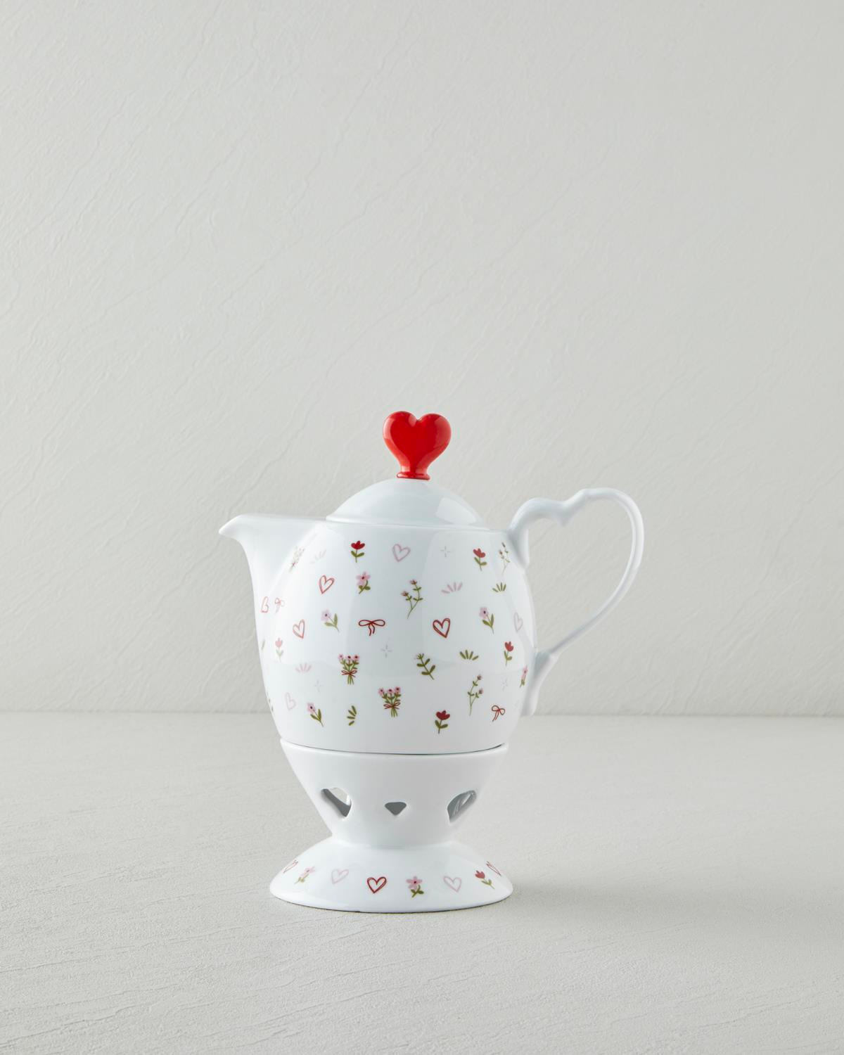 Amour Porselen Isıtıcılı Demlik Seti 850 ml Beyaz