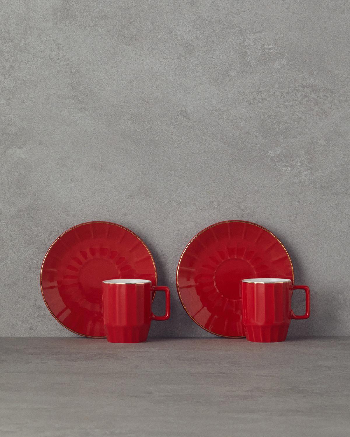Angely New Bone China 4 Parça 2 Kişilik Kahve Fincan Takımı Kırmızı