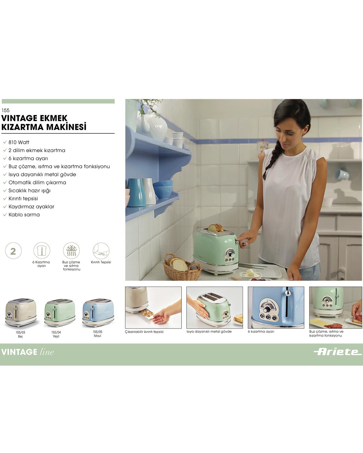 Ariete Vintage 0155/14 2 Dilim Ekmek Kızartma Makinesi 810 W Yeşil