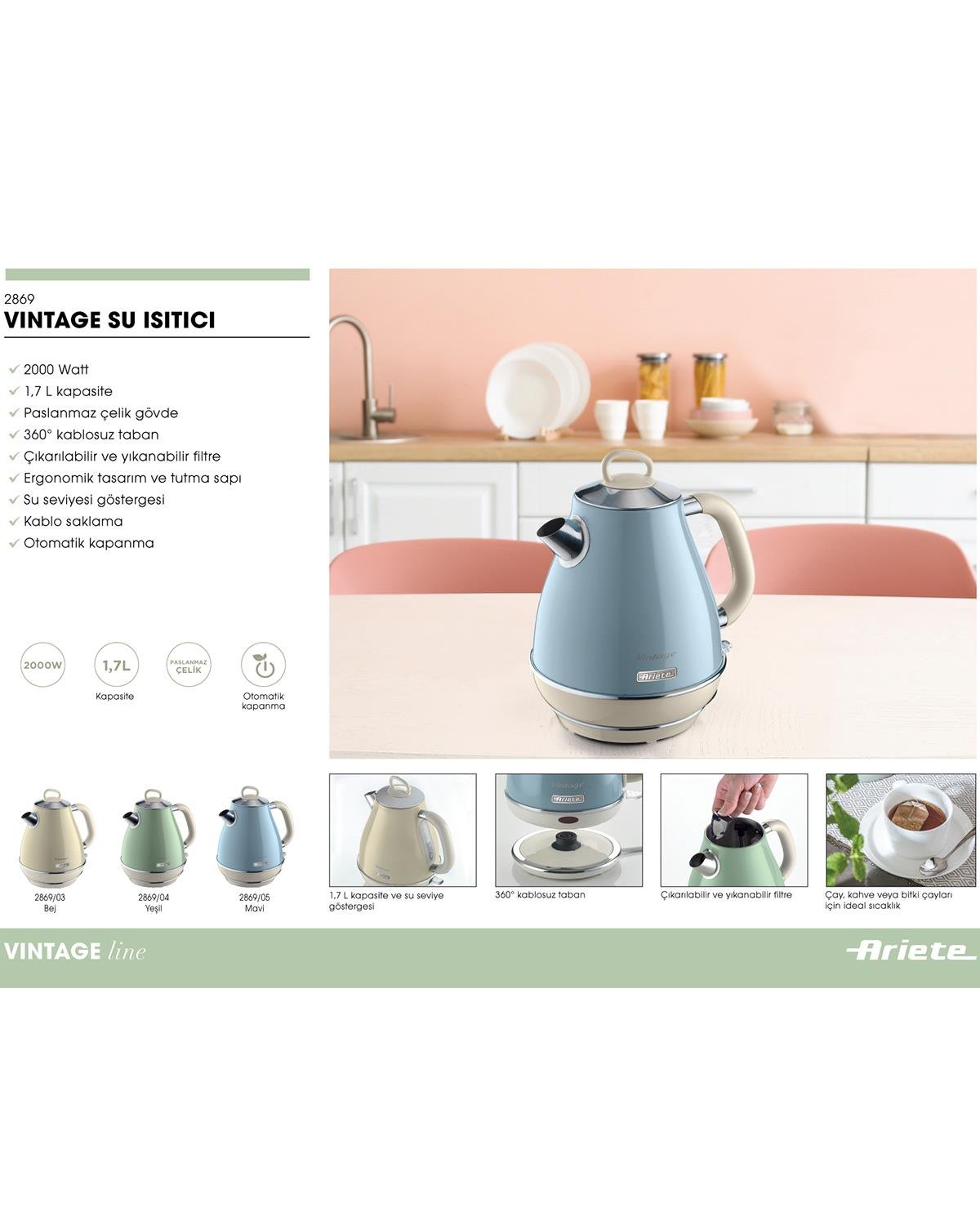 Ariete Vintage 2869/03 Su Isıtıcı 1,7L Bej