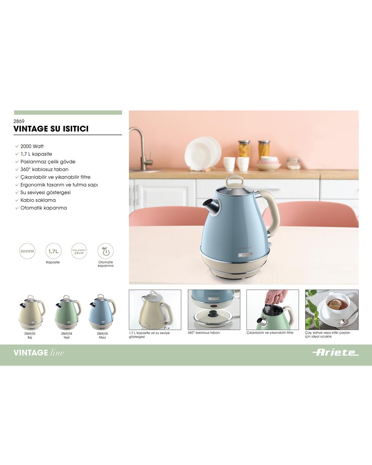 Ariete Vintage 2869/04 Su Isıtıcı 1,7L Yeşil