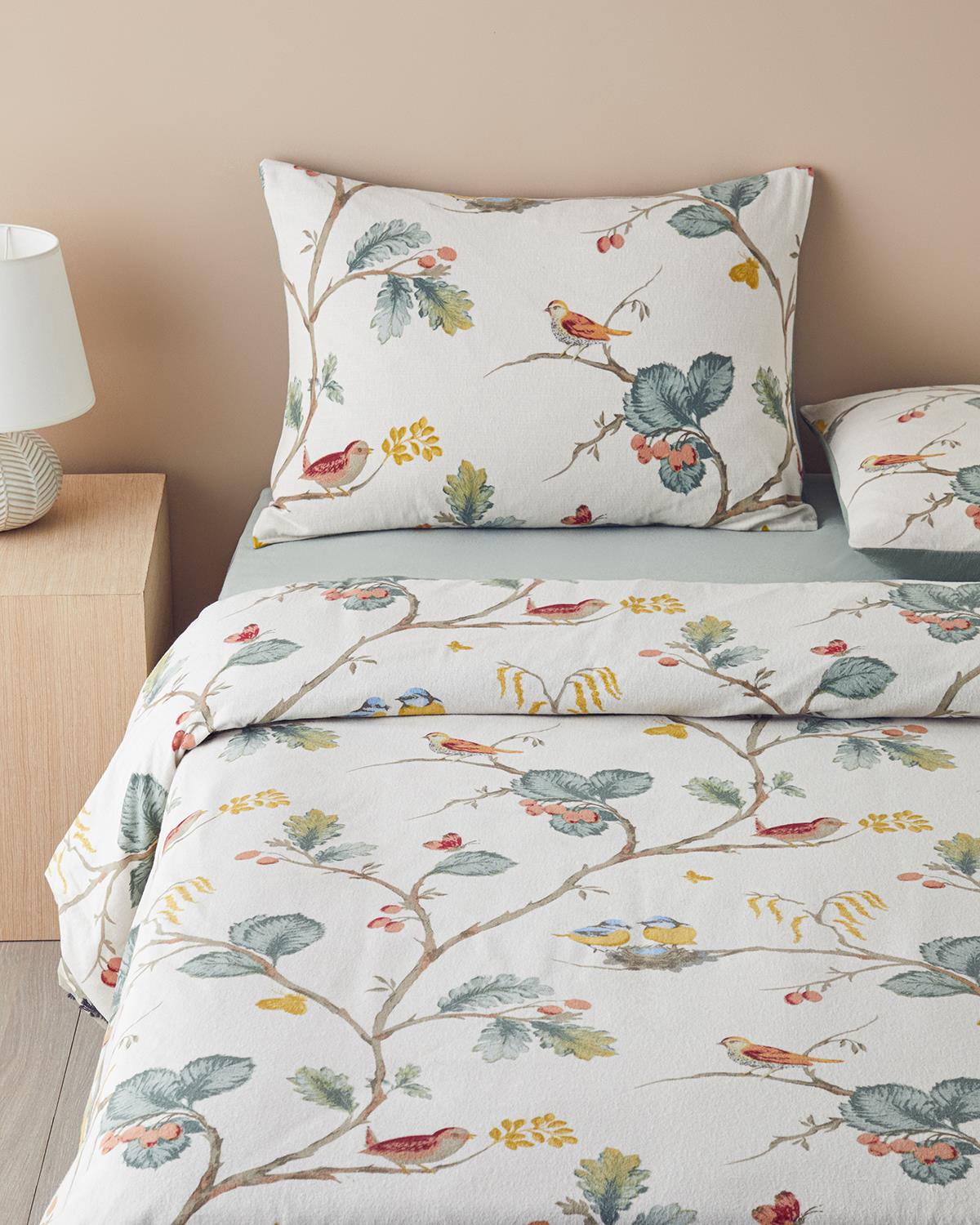 Birds Symphony Flanel Çift Kişilik Nevresim Takımı 200x220 cm Bej