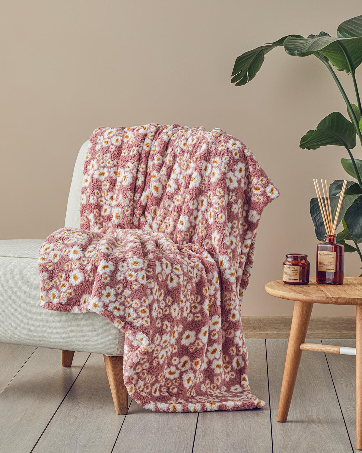 Bloomy Wish Baskılı Sherpa Battaniye Pembe