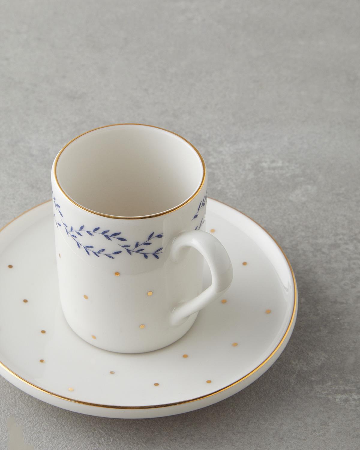 Blossia Bone Porselen 4 Parça 2 Kişilik Kahve Fincan Takımı 90 ml Mavi Gold
