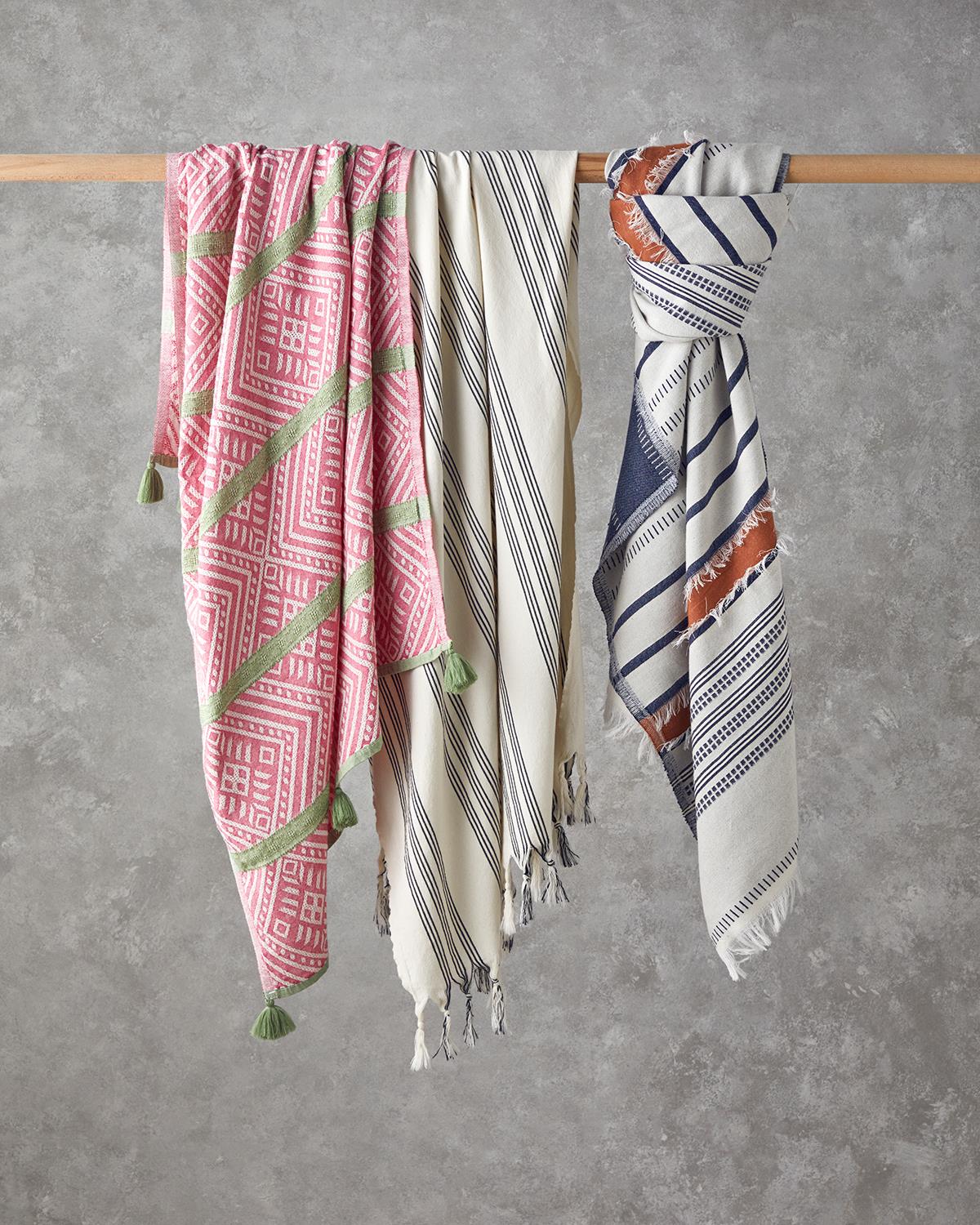 Bohem Line Pamuklu Peştamal 90x150 cm Açık Bej-Koyu Lacivert