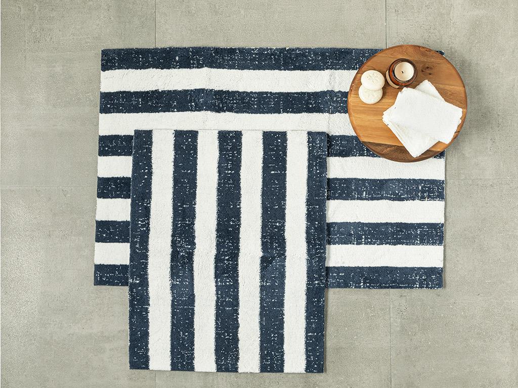 Bold Stripe Çizgili Pamuklu Banyo Paspası Seti Lacivert- Ekru