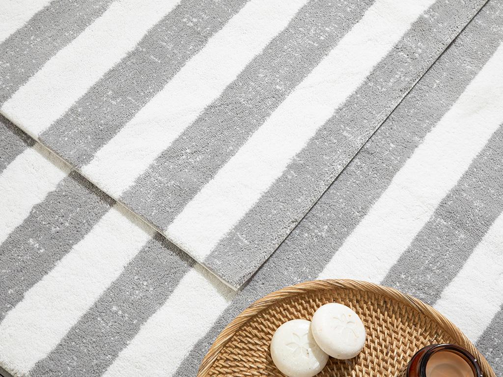 Bold Stripe Çizgili Pamuklu Banyo Paspası Seti Ekru - Gri