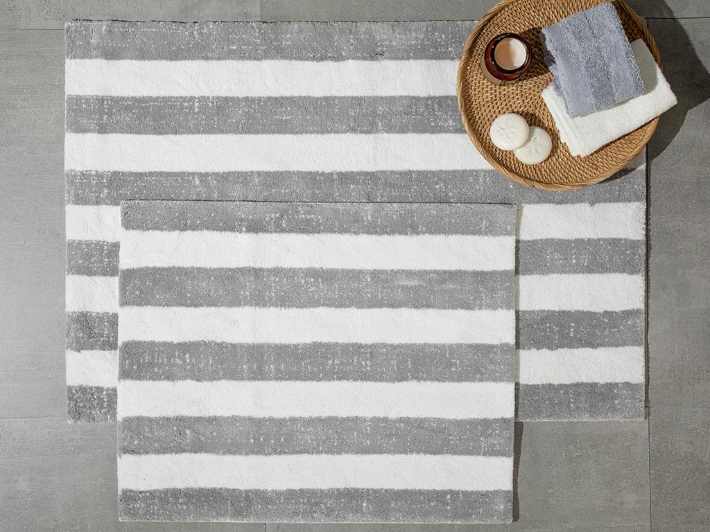 Bold Stripe Çizgili Pamuklu Banyo Paspası Seti Ekru - Gri