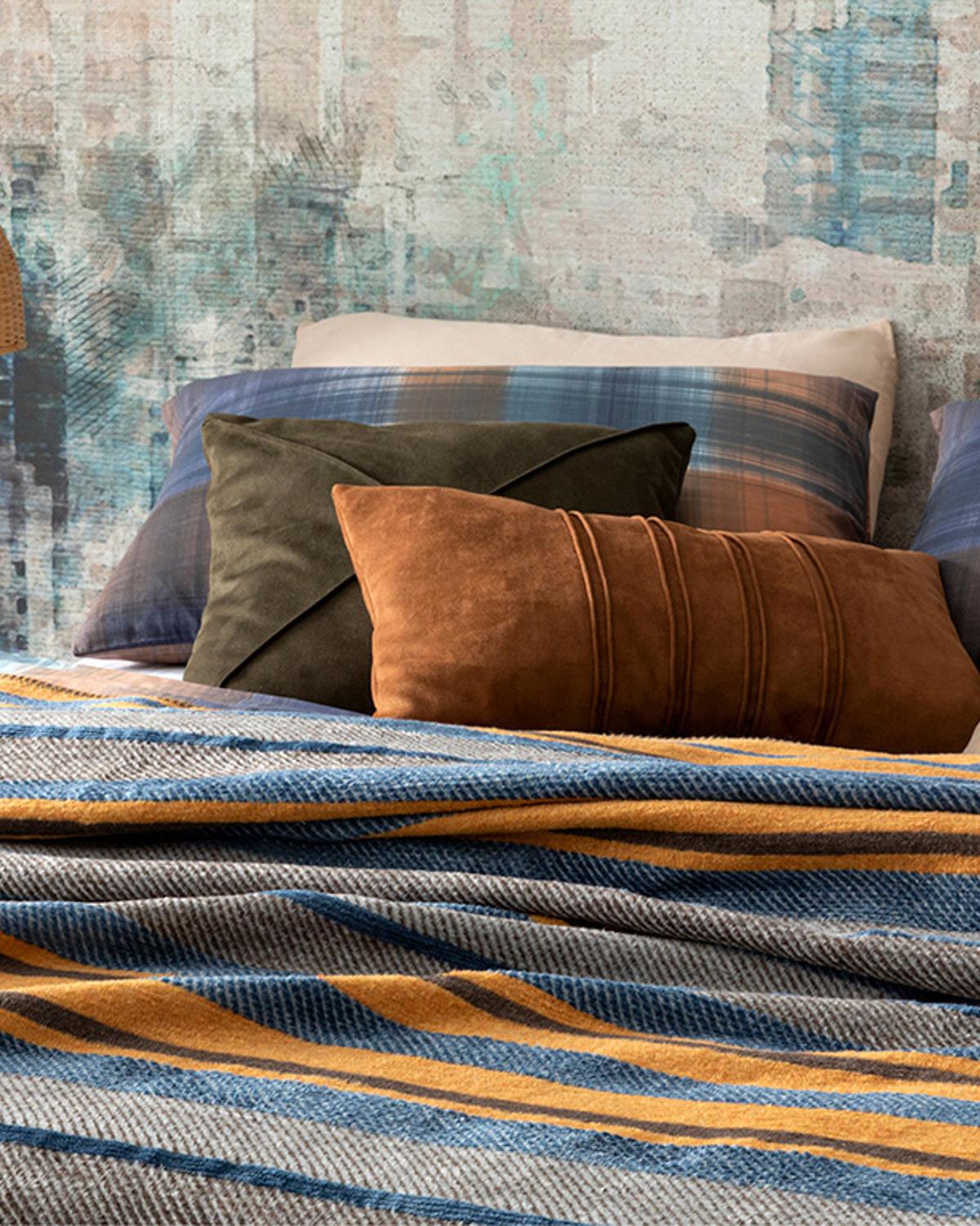 Bold Stripe Pamuklu Çift Kişilik Battaniye Hardal - Mavi