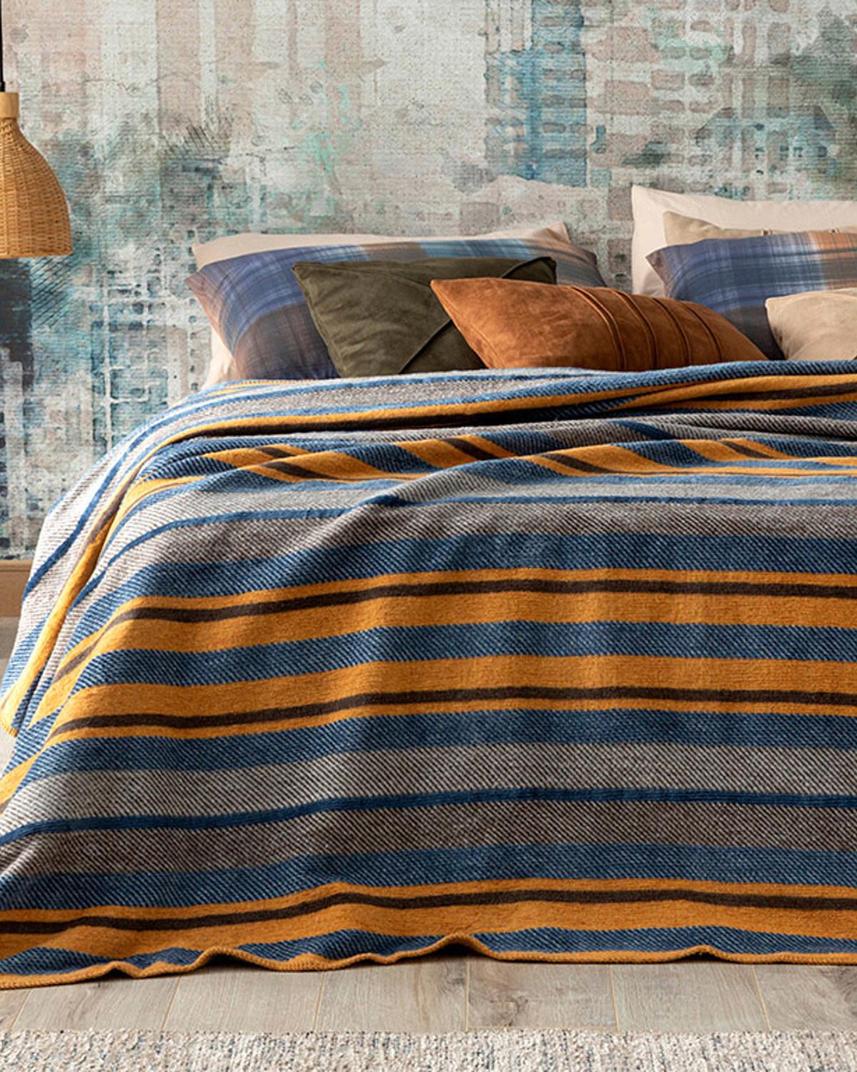 Bold Stripe Pamuklu Çift Kişilik Battaniye Hardal - Mavi