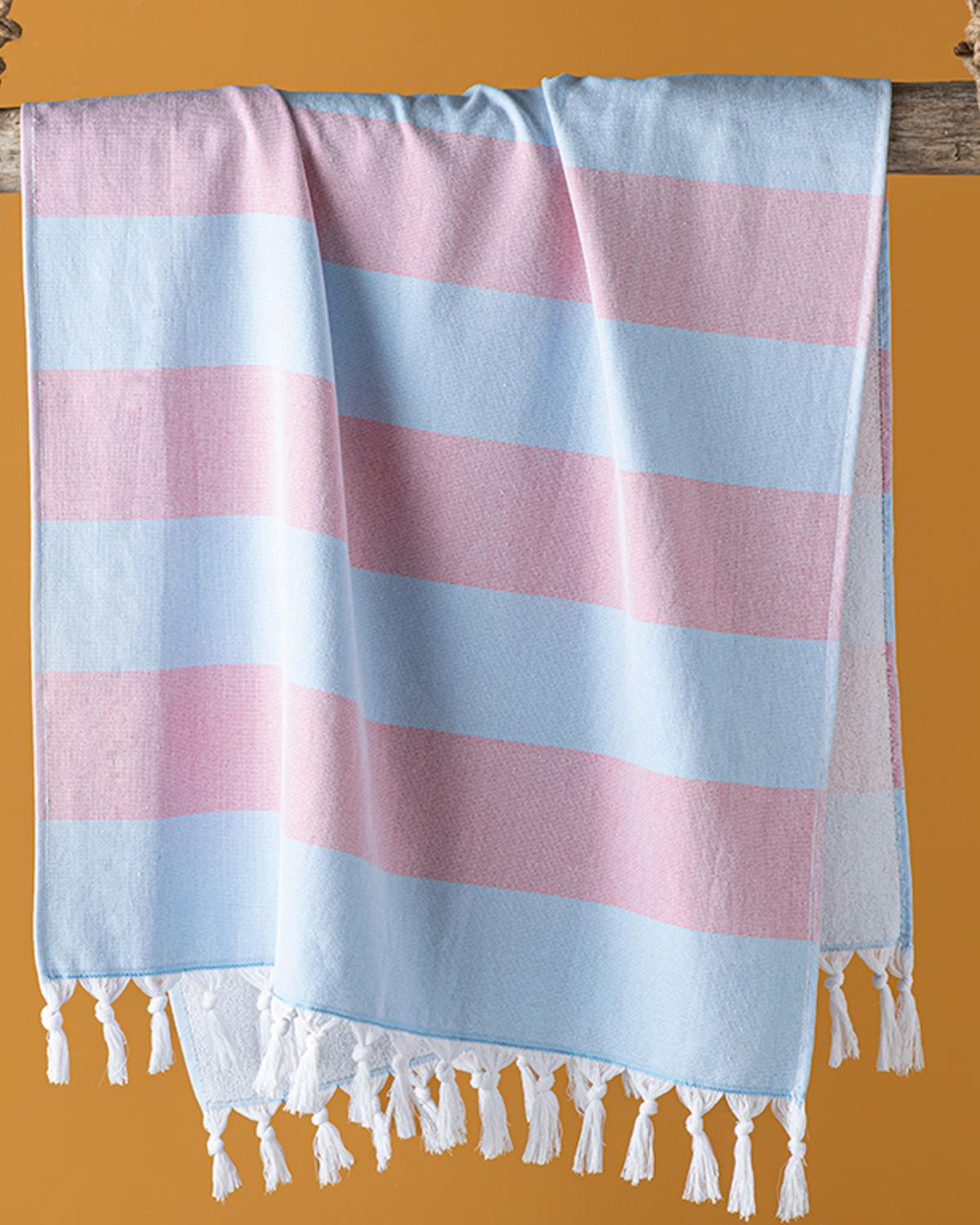 Bold Stripe Pamuklu Tek Yüz Plaj Havlusu 75x150 cm Mavi - Pembe
