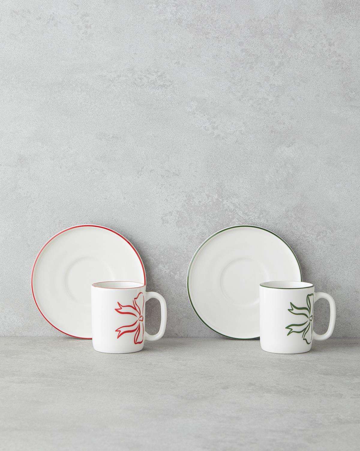 Bowsie Bone Porselen 4 Parça 2 Kişilik Kahve Fincan Takımı 90 ml Kırmızı - Yeşil