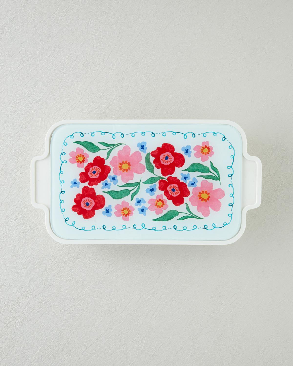 Bright Floral Melamin 6'lı Cam Kapaklı Kahvaltılık 39x21 cm Renkli