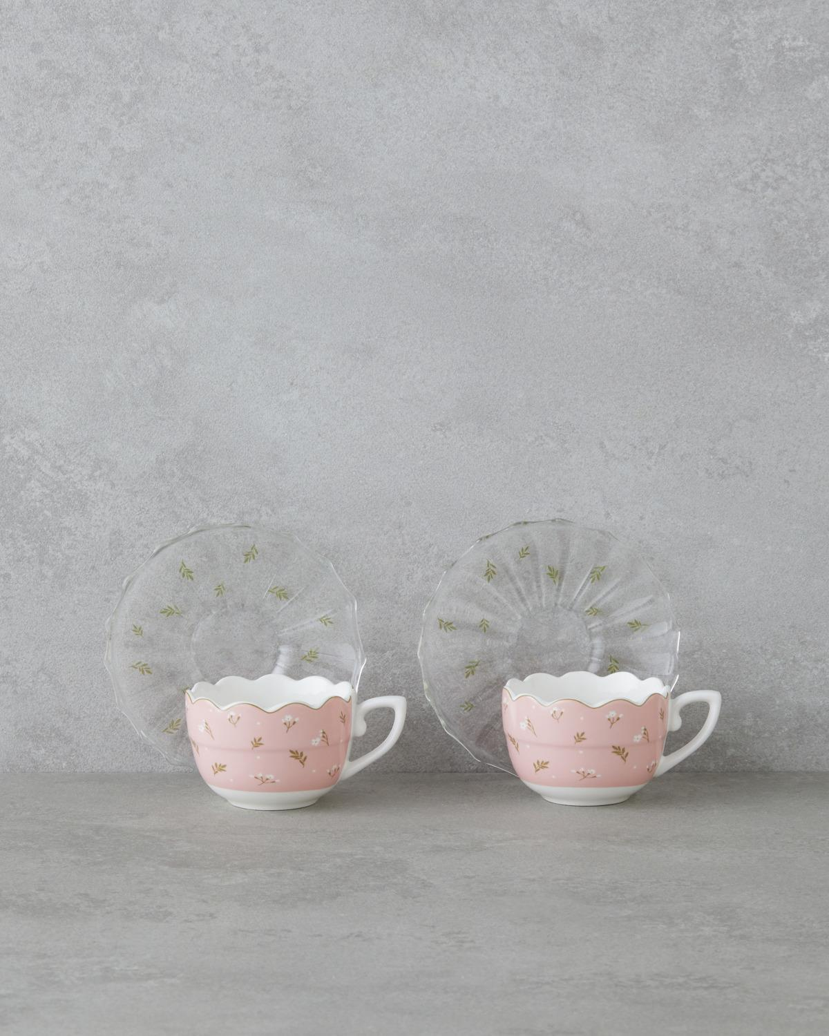 Charming New Bone China 4 Parça 2 Kişilik Cam Tabaklı Kahve Fincan Takımı 80 ml Pembe - Yeşil
