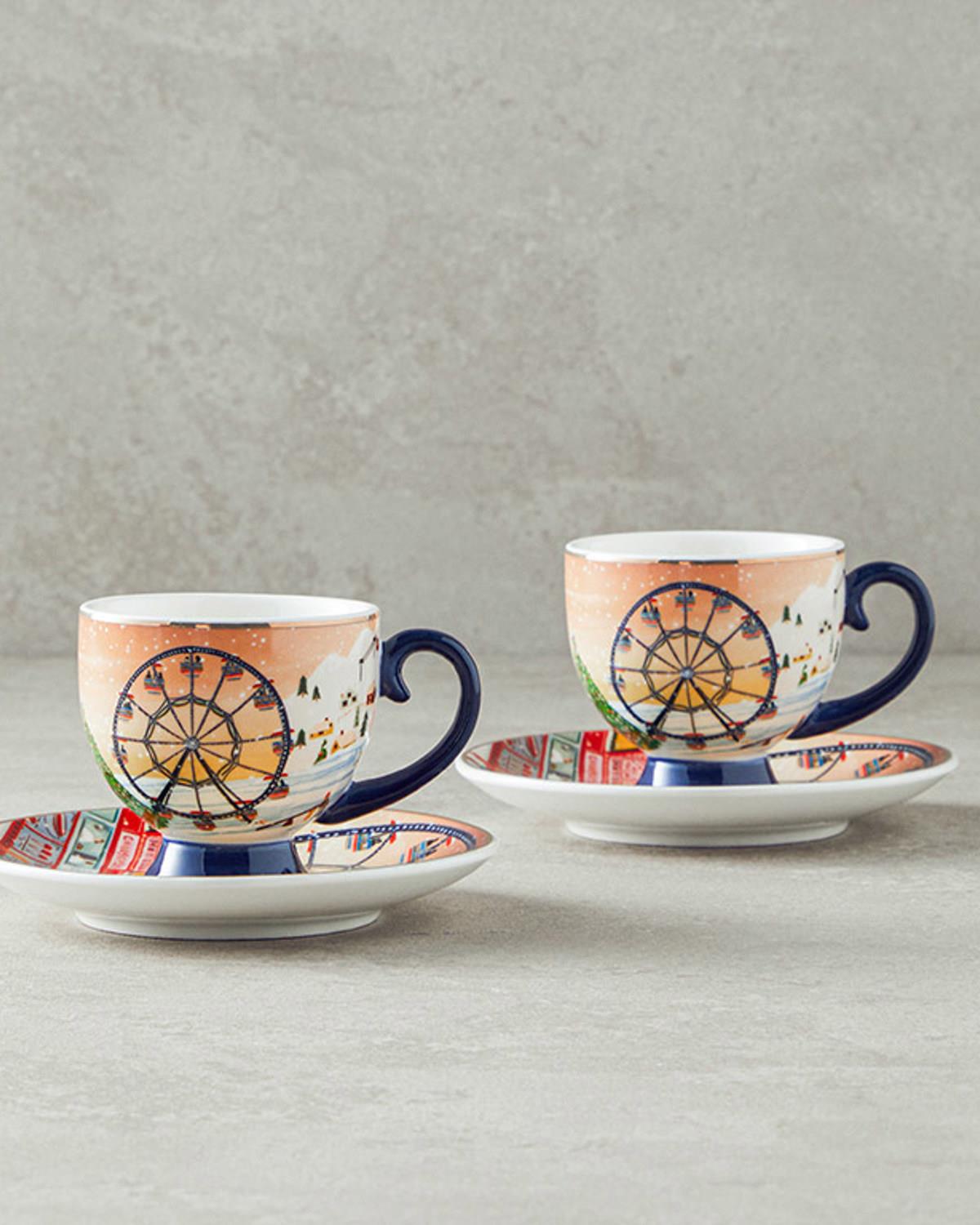 Cheerful Sunset New Bone China 4 Parça 2 Kişilik Kahve Fincan Takımı Renkli