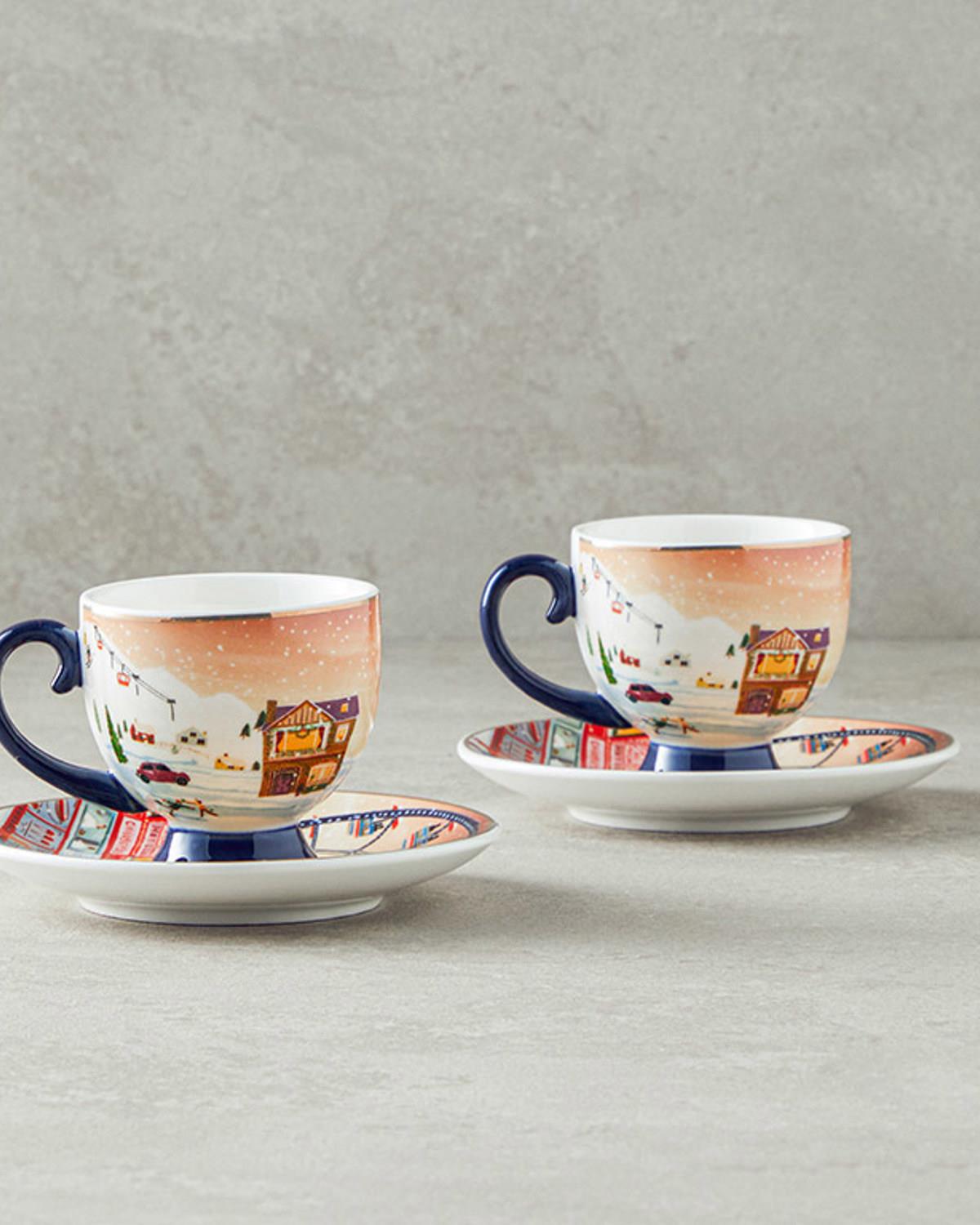 Cheerful Sunset New Bone China 4 Parça 2 Kişilik Kahve Fincan Takımı Renkli