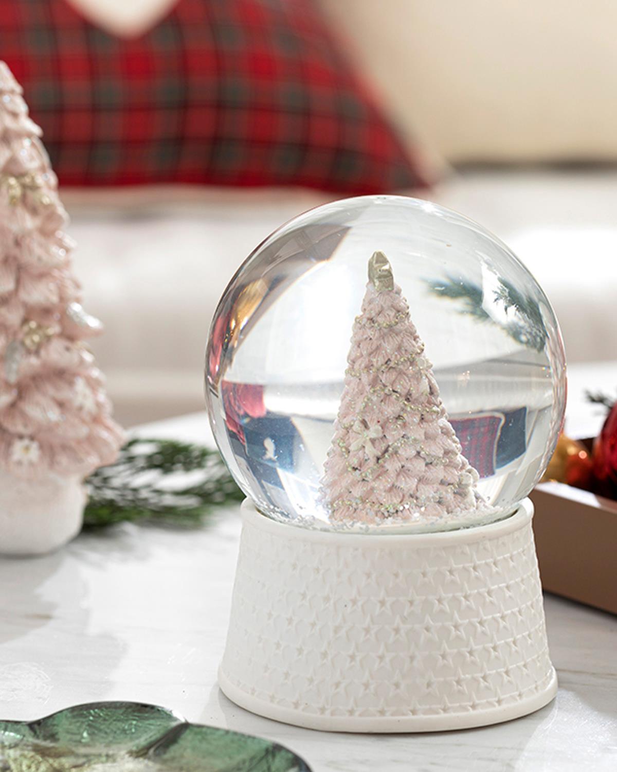 Christmas Tree Ledli Kar Küresi 10x10x14 cm Pembe - Beyaz