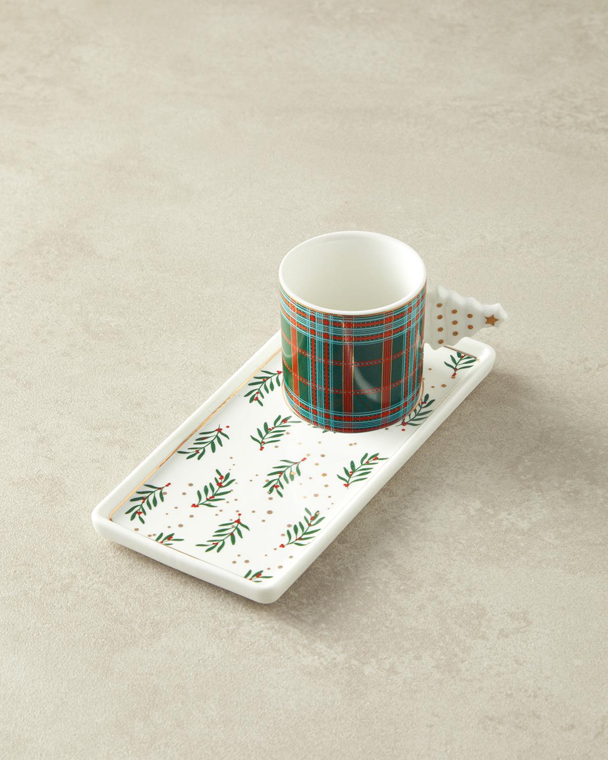Christmas Tree New Bone China Tepsili Kahve Fincan Takımı Koyu Yeşil