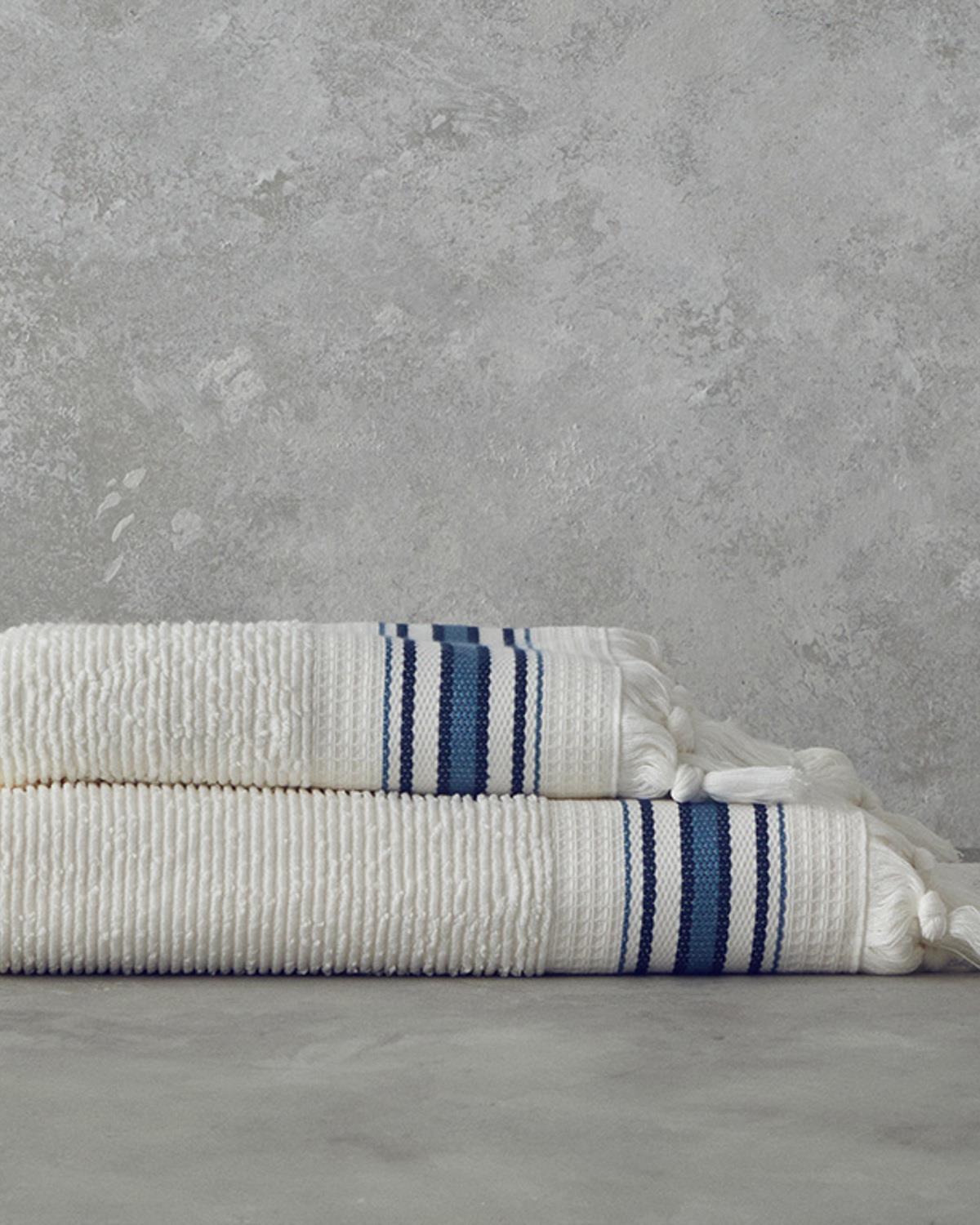 Cool Stripe Pamuklu Çizgili Banyo Havlusu Takımı Ekru - Mavi