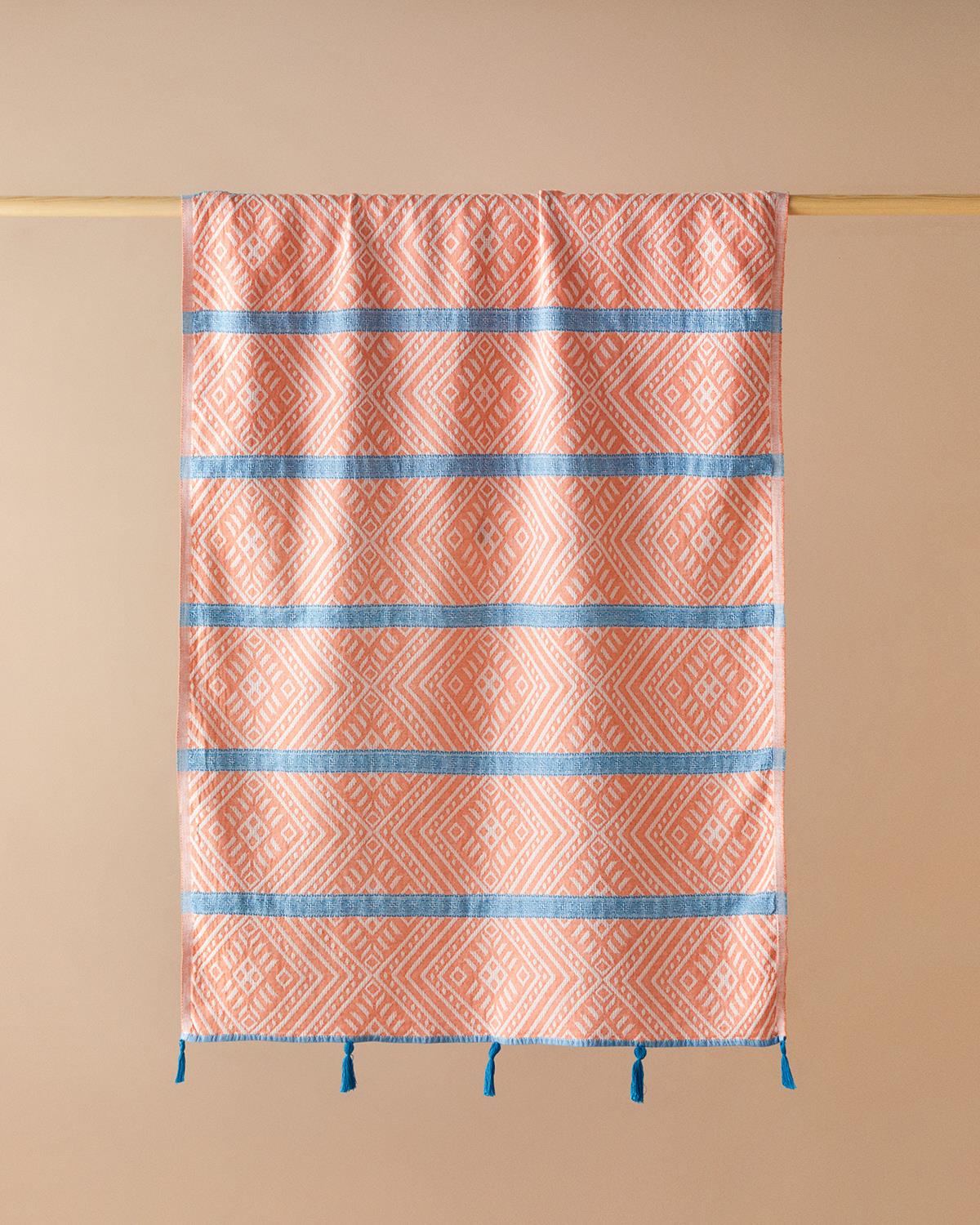Crispy Pamuklu Püsküllü Peştamal 90x150 cm Turuncu-Mavi