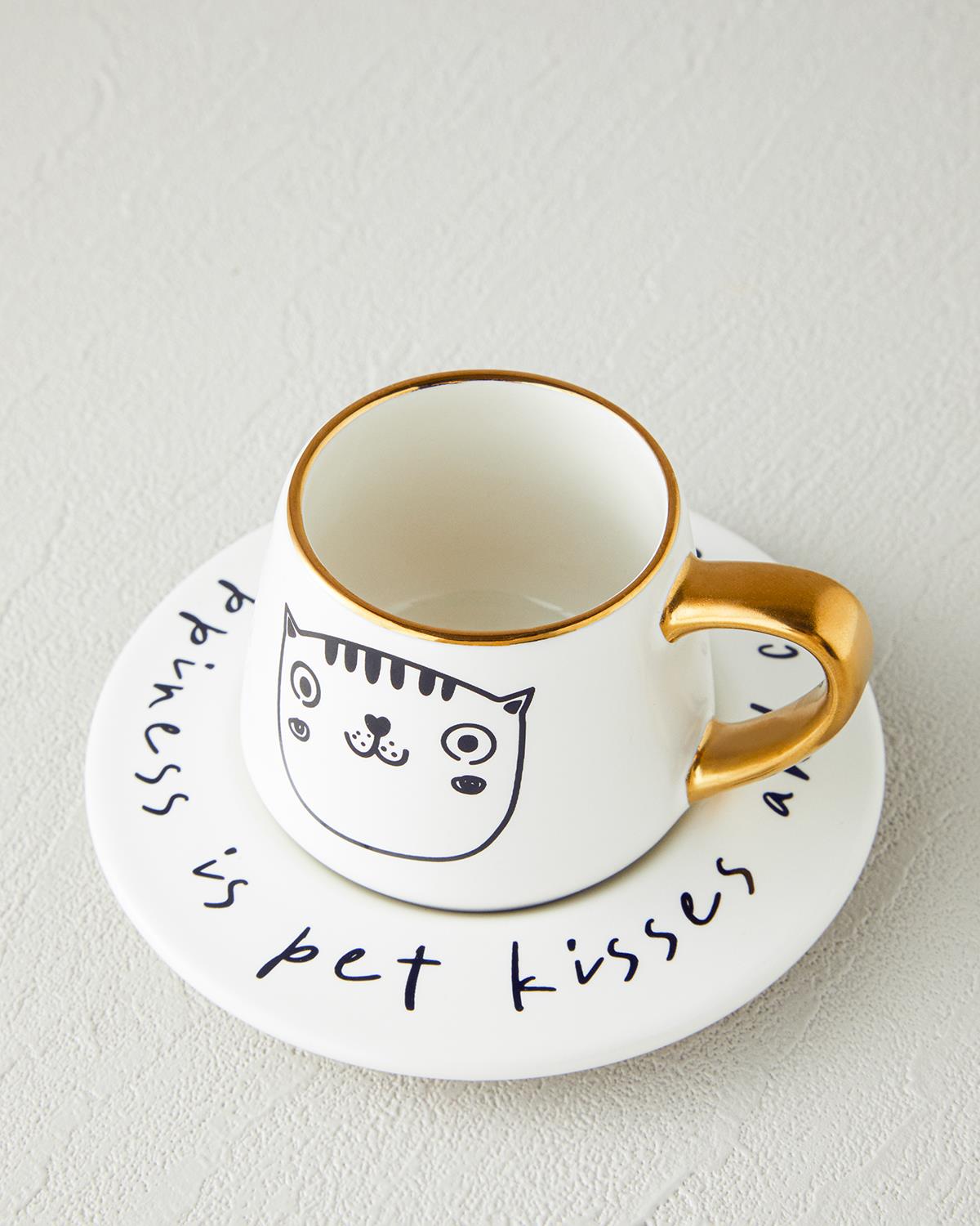 Cute Cat New Bone China 2 Parça 1 Kişilik Kahve Fincan Takımı 90 ml Siyah-Gold