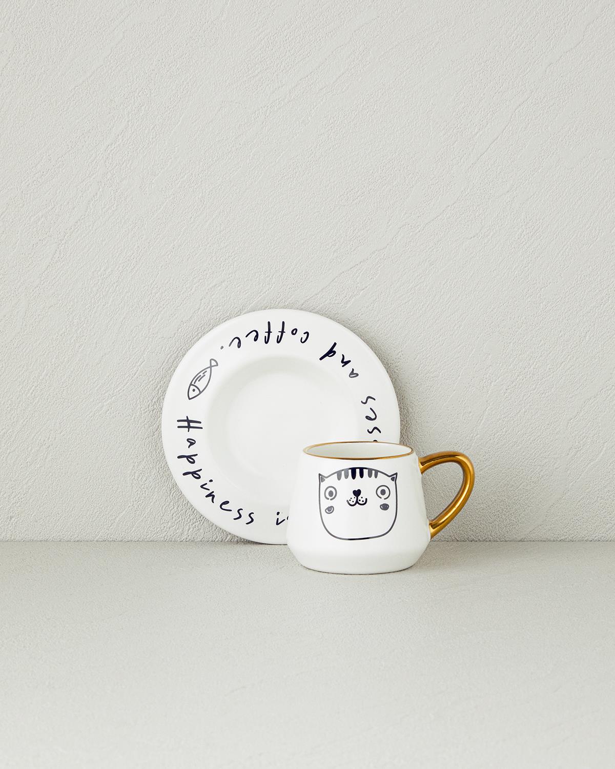 Cute Cat New Bone China 2 Parça 1 Kişilik Kahve Fincan Takımı 90 ml Siyah-Gold