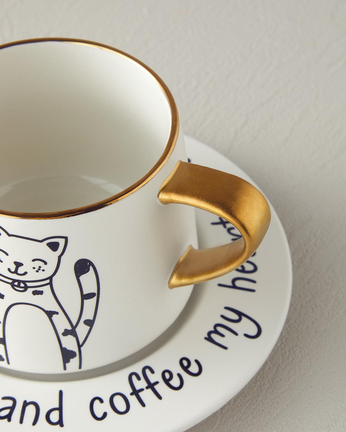 Cute Cat New Bone China 2 Parça 1 Kişilik Çay Fincanı Takımı 320 ml Siyah-Gold