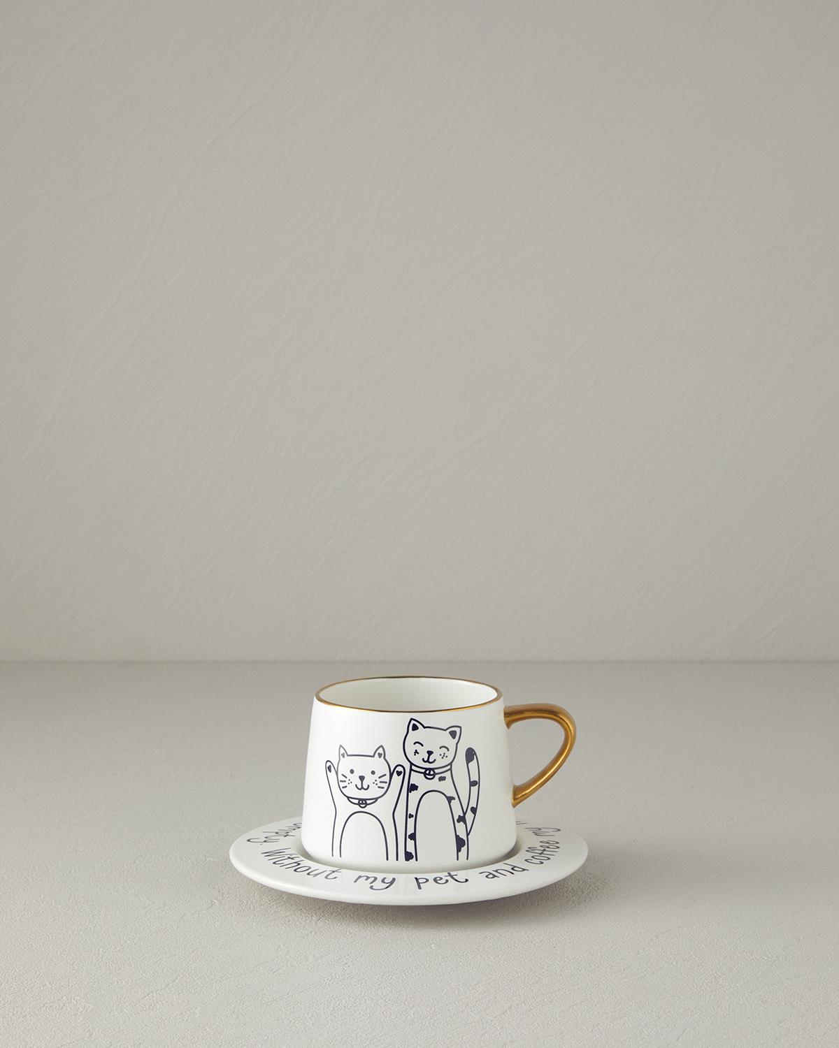 Cute Cat New Bone China 2 Parça 1 Kişilik Çay Fincanı Takımı 320 ml Siyah-Gold