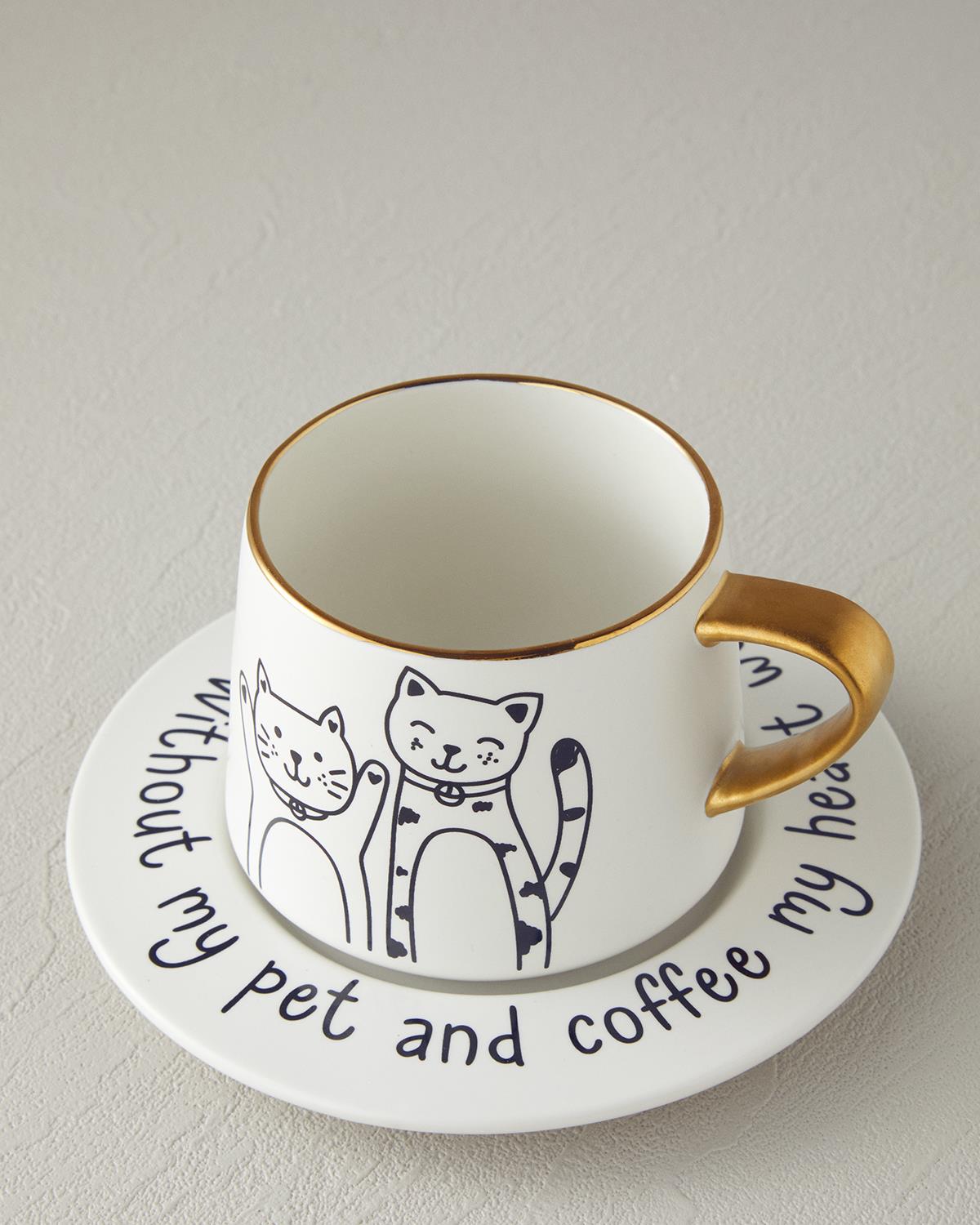 Cute Cat New Bone China 2 Parça 1 Kişilik Çay Fincanı Takımı 320 ml Siyah-Gold