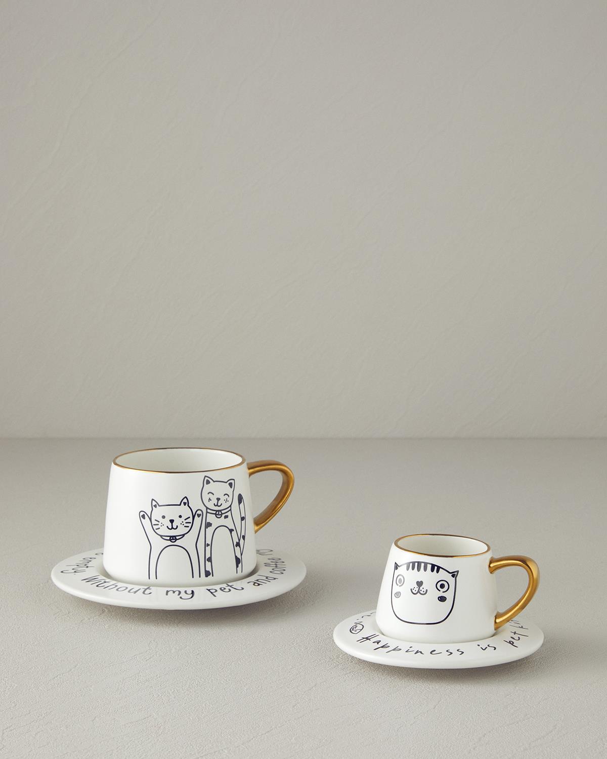 Cute Cat New Bone China 2 Parça 1 Kişilik Çay Fincanı Takımı 320 ml Siyah-Gold
