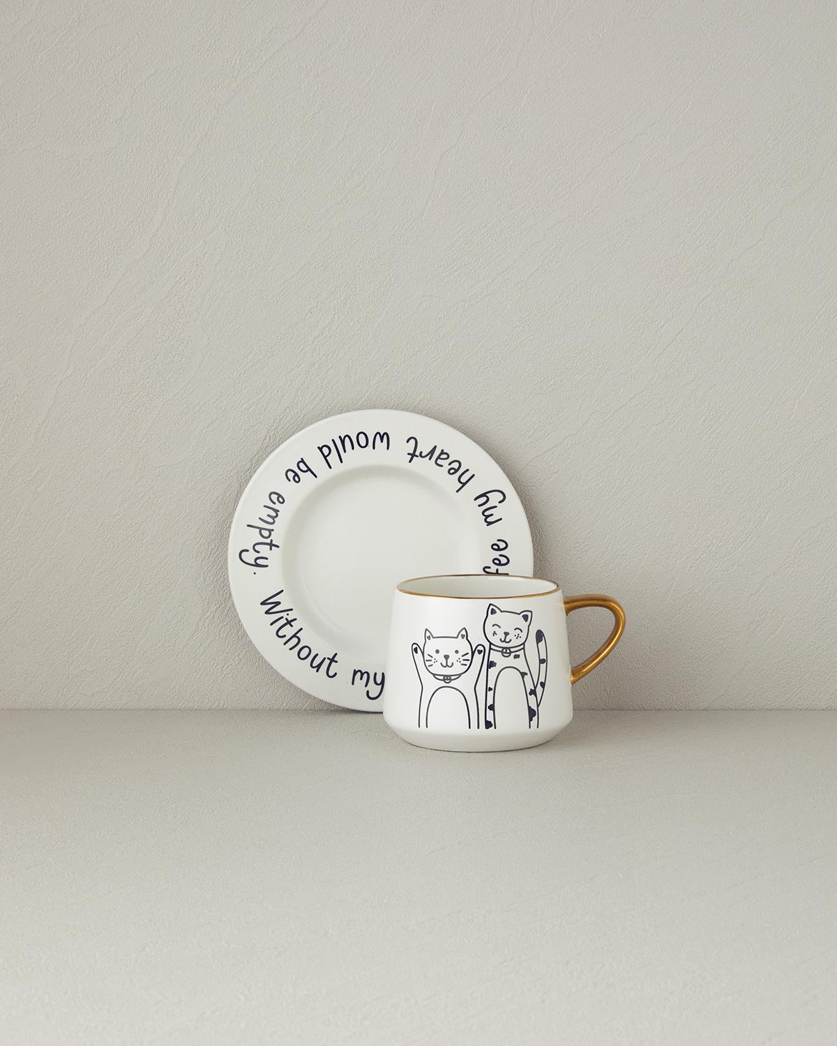 Cute Cat New Bone China 2 Parça 1 Kişilik Çay Fincanı Takımı 320 ml Siyah-Gold