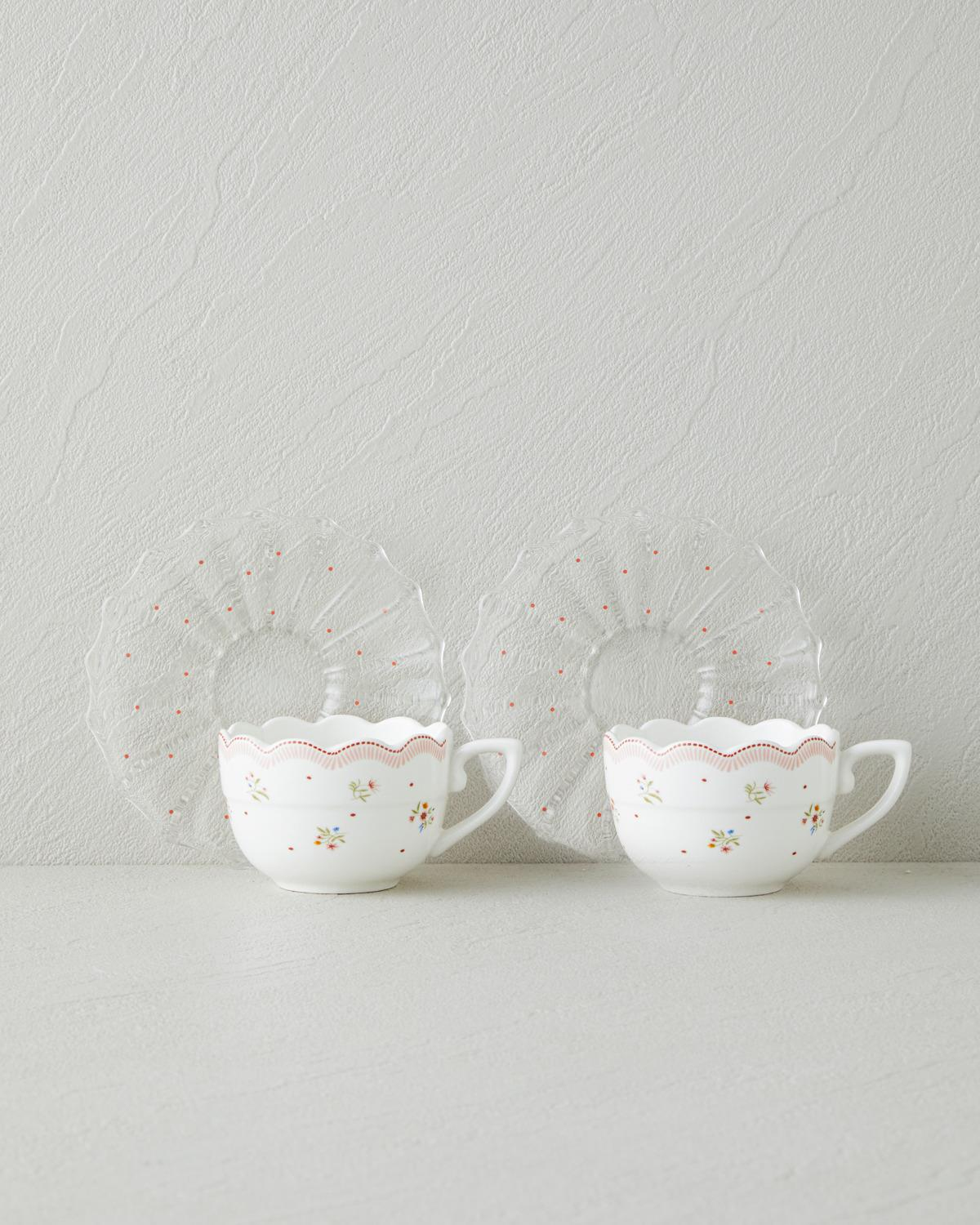 Daisy Days New Bone China 4 Parça 2 Kişilik Cam Tabaklı Kahve Fincan Takımı 80 ml Pembe - Yeşil