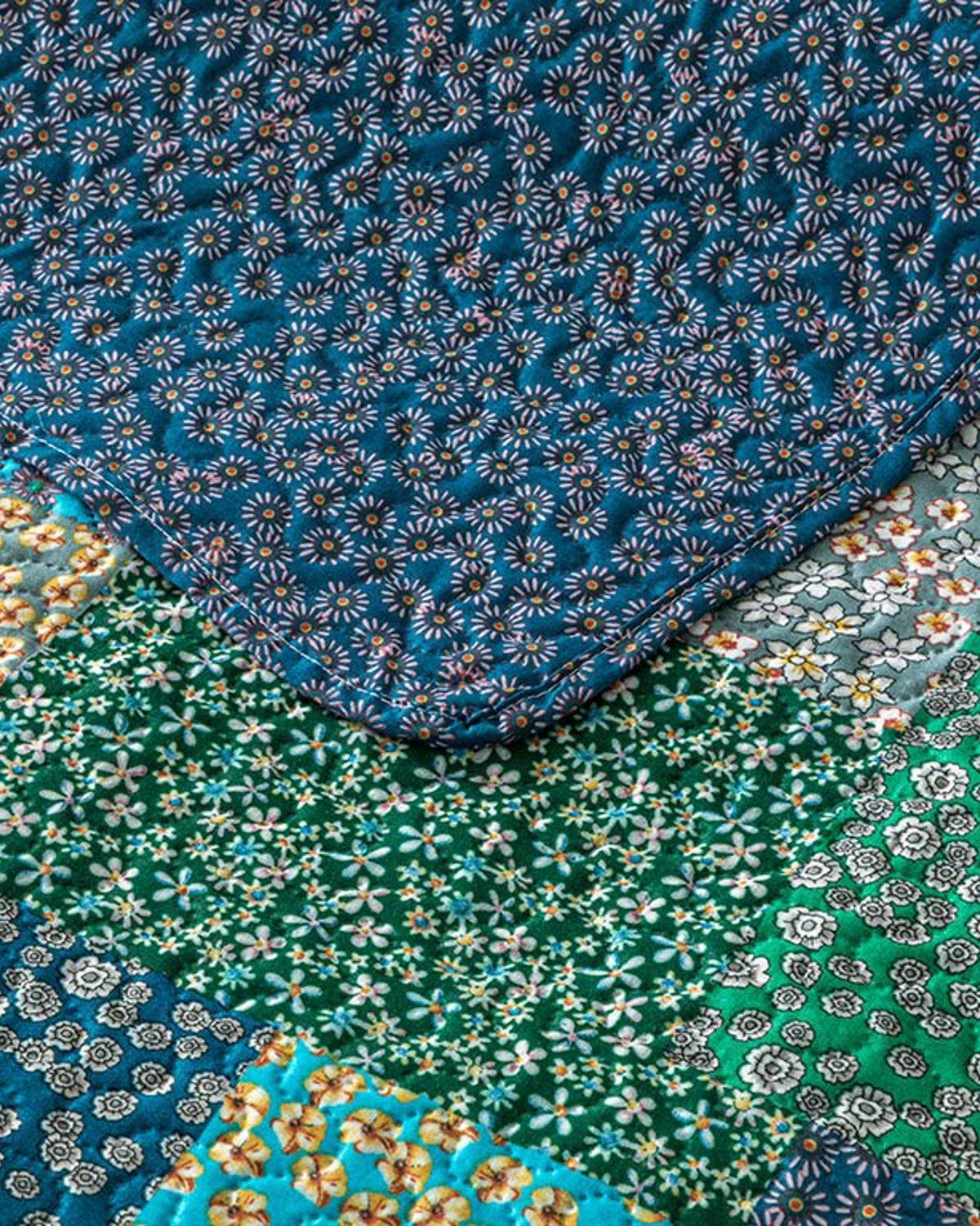Daisy Fest Patchwork Çift Kişilik Çok Amaçlı Örtü Petrol Mavisi