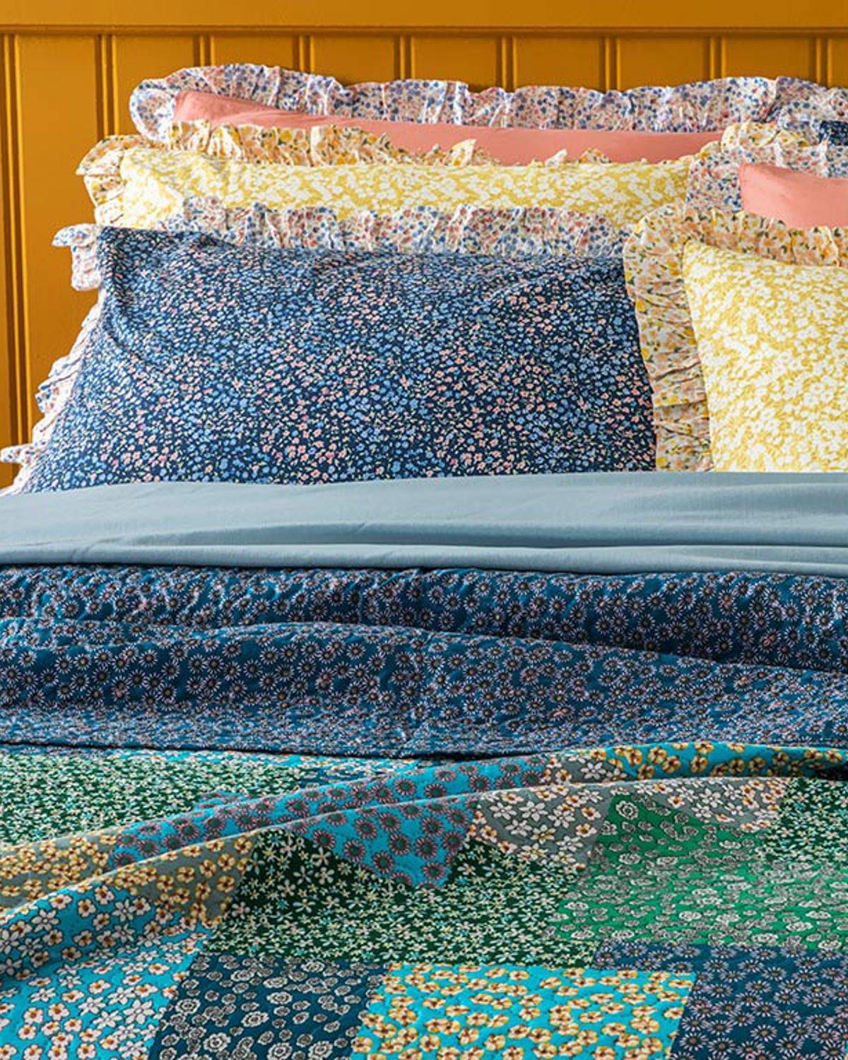 Daisy Fest Patchwork Çift Kişilik Çok Amaçlı Örtü Petrol Mavisi