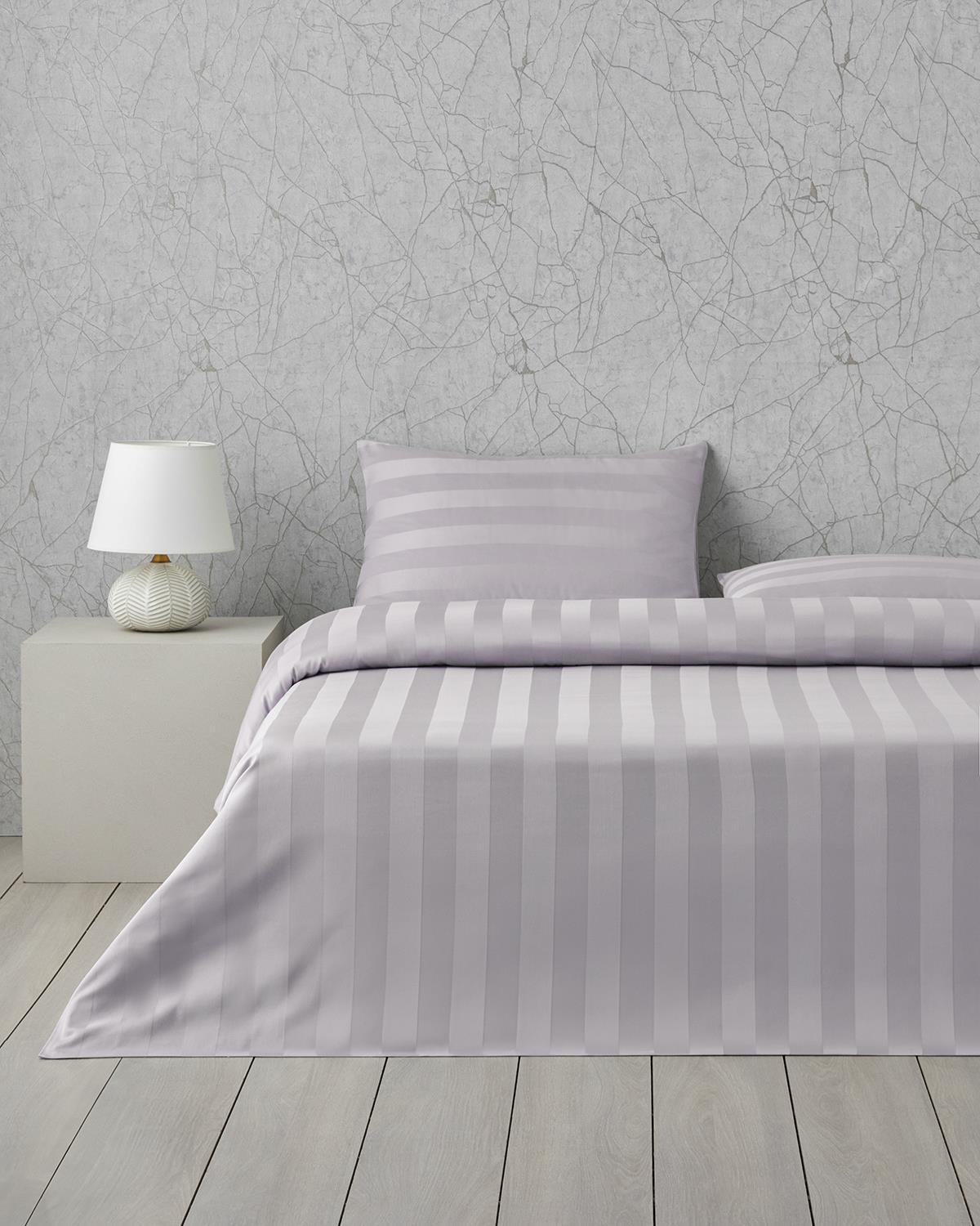 Deluxe Çizgili Pamuk Saten King Size Nevresim Takımı 240x220 cm Açık Leylak