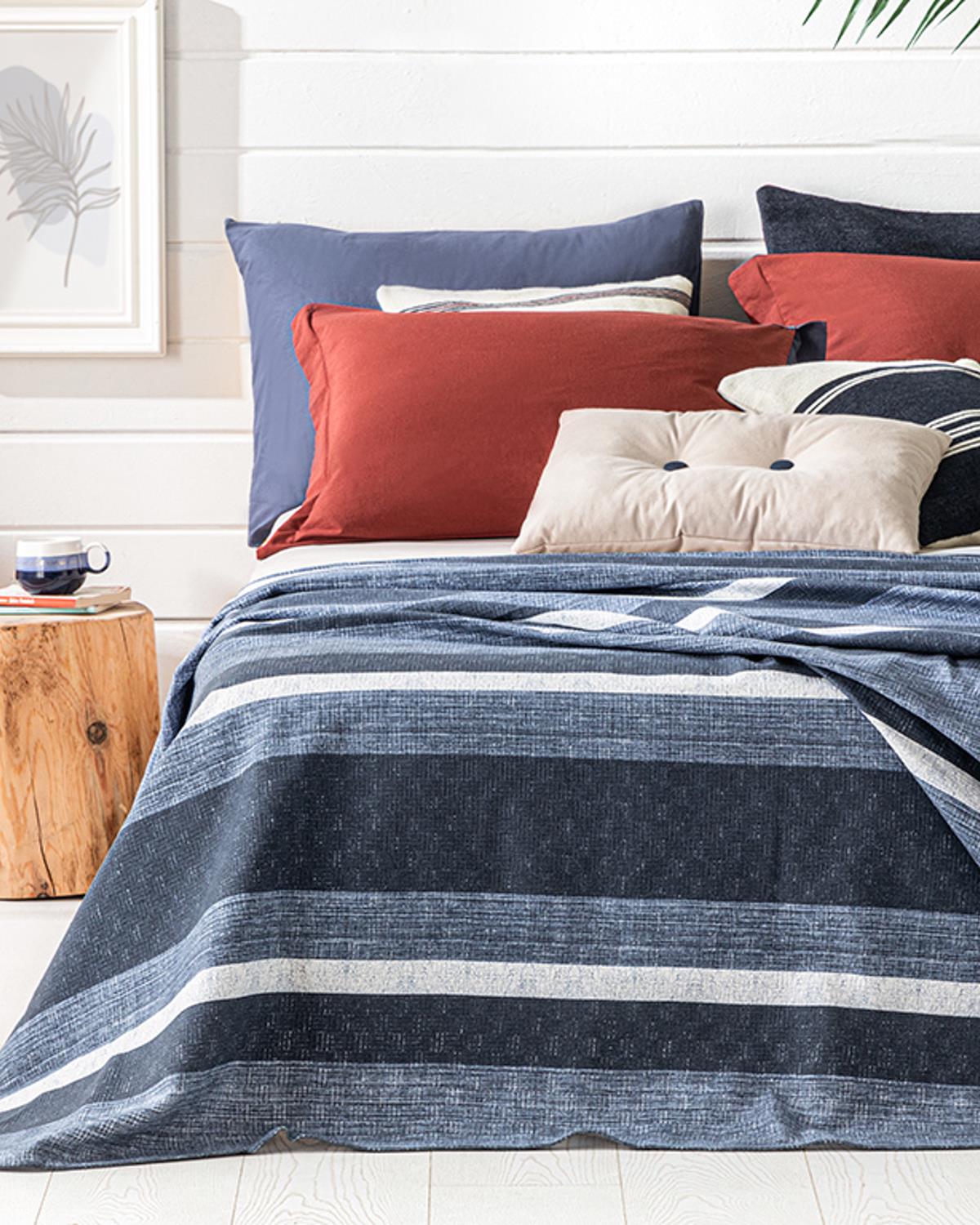 Denim Stripe Baskılı Çift Kişilik Pike Lacivert