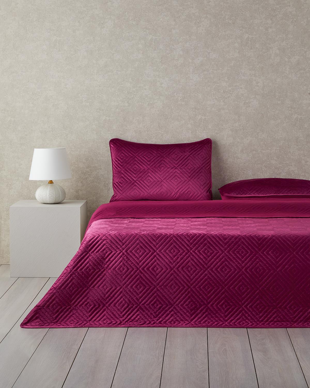 Diamant Kadife King Size Yatak Örtüsü Takımı 240x220 cm Fuşya