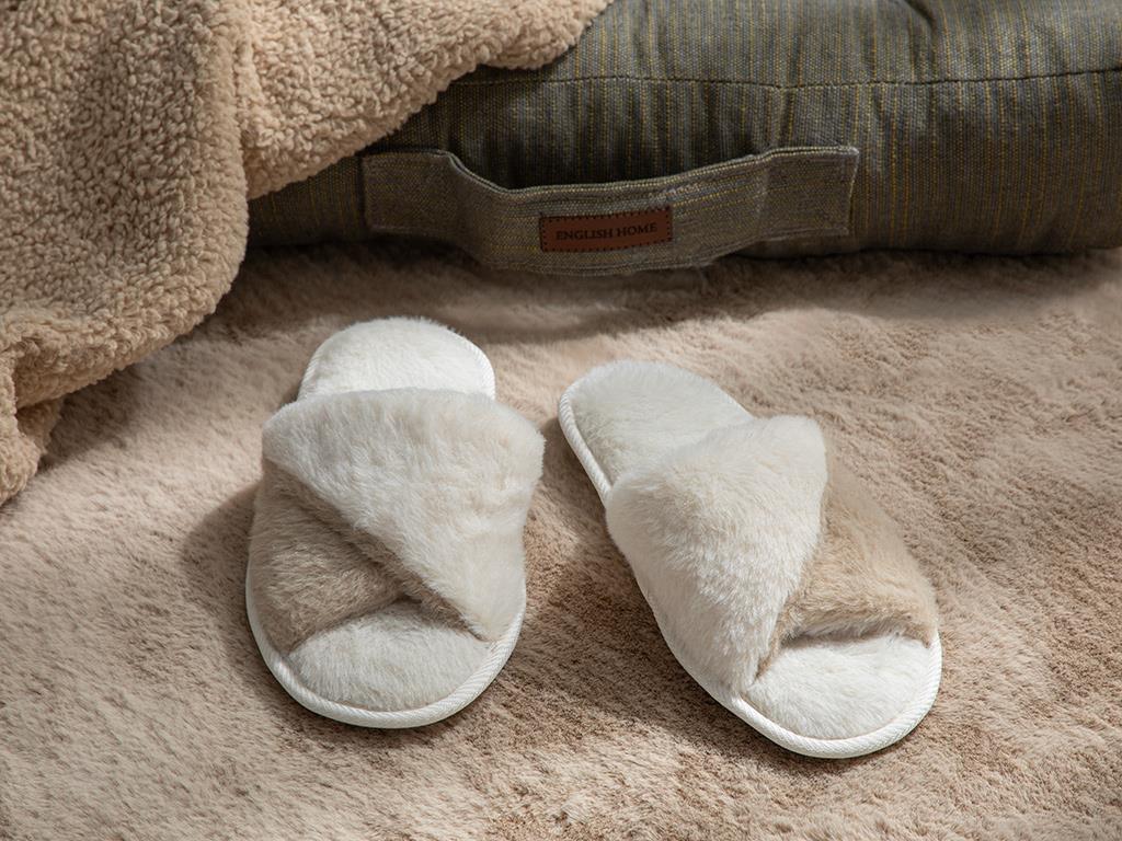 Double Peluş Kadın Ev Terliği Bej