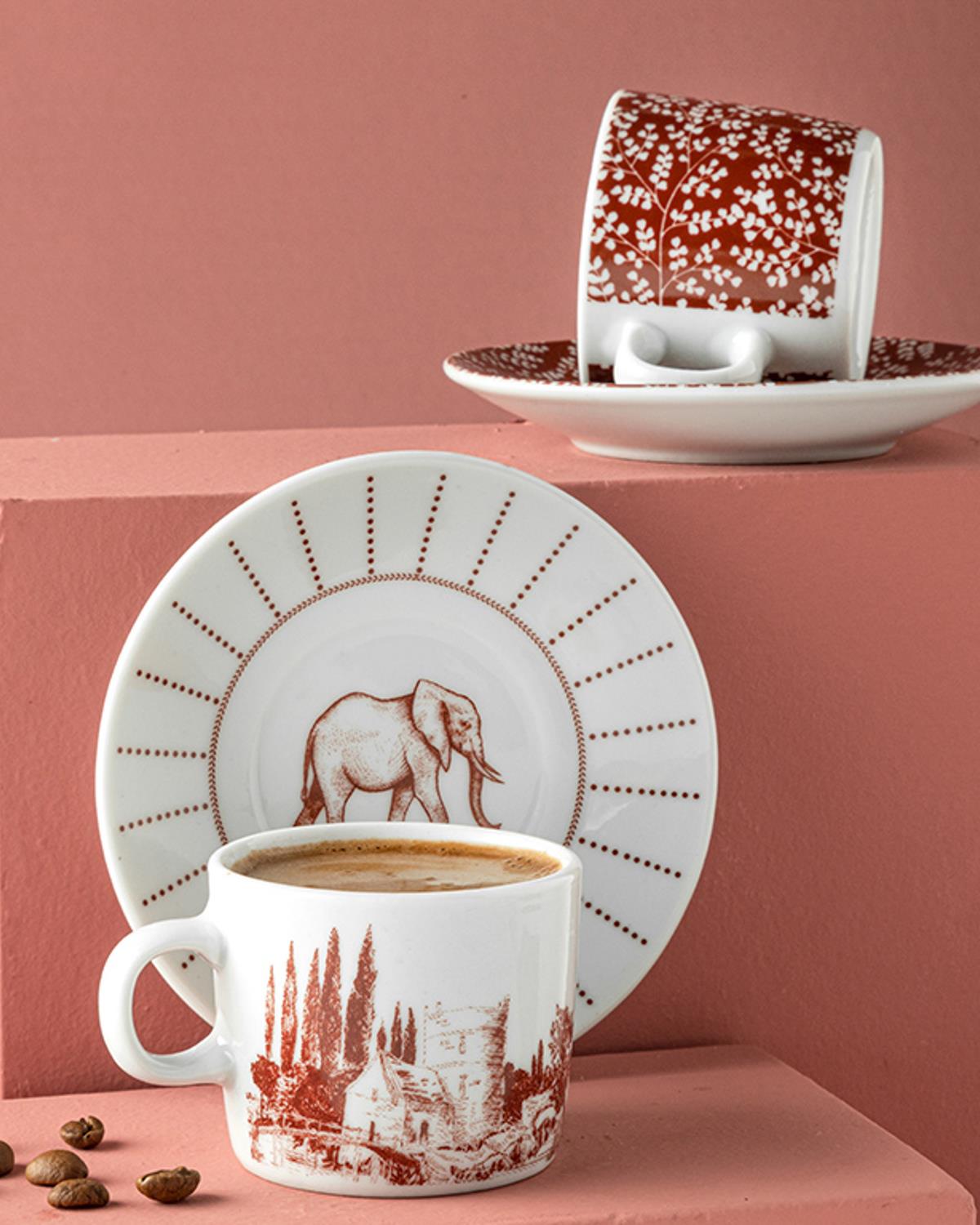 Elephant Porselen 4 Parça 2 Kişilik Kahve Fincan Takımı Bordo