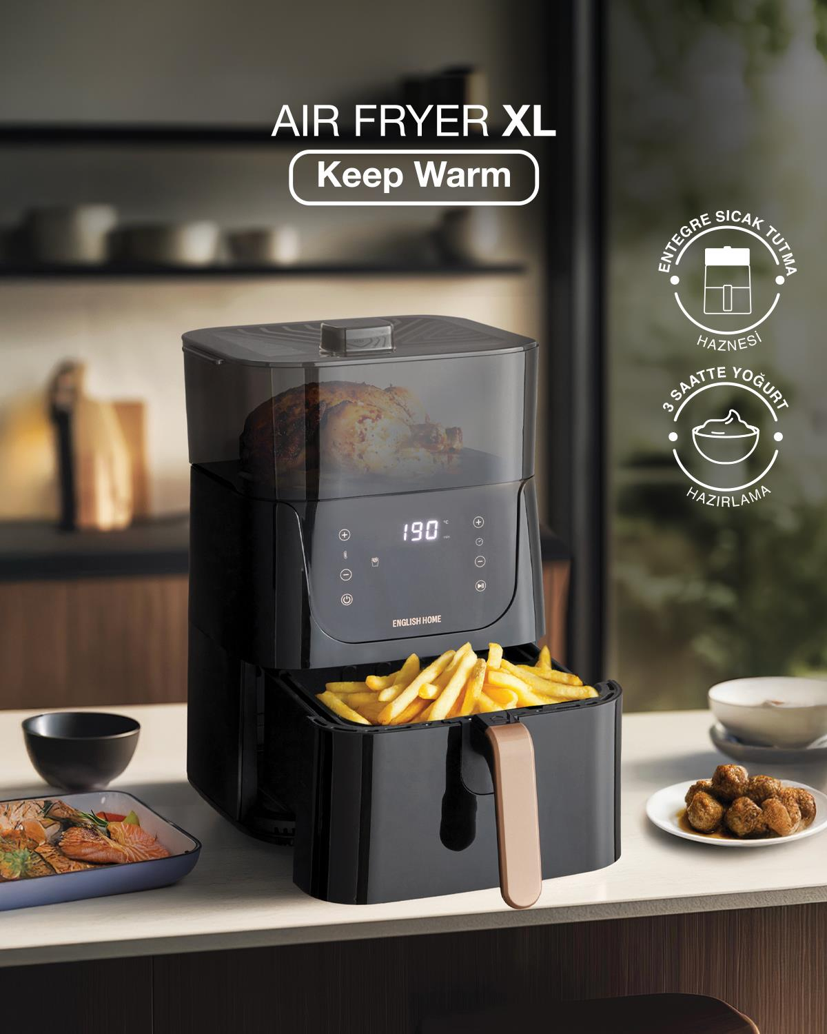 English Home AIF 2030 XL Sıcak Tutma Hazneli Air Fryer 1500W Siyah-Bakır